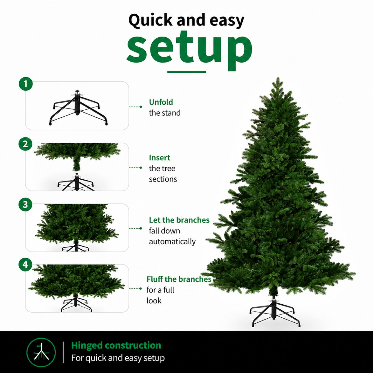 Four steps showing how to set up an artificial Christmas tree easily.