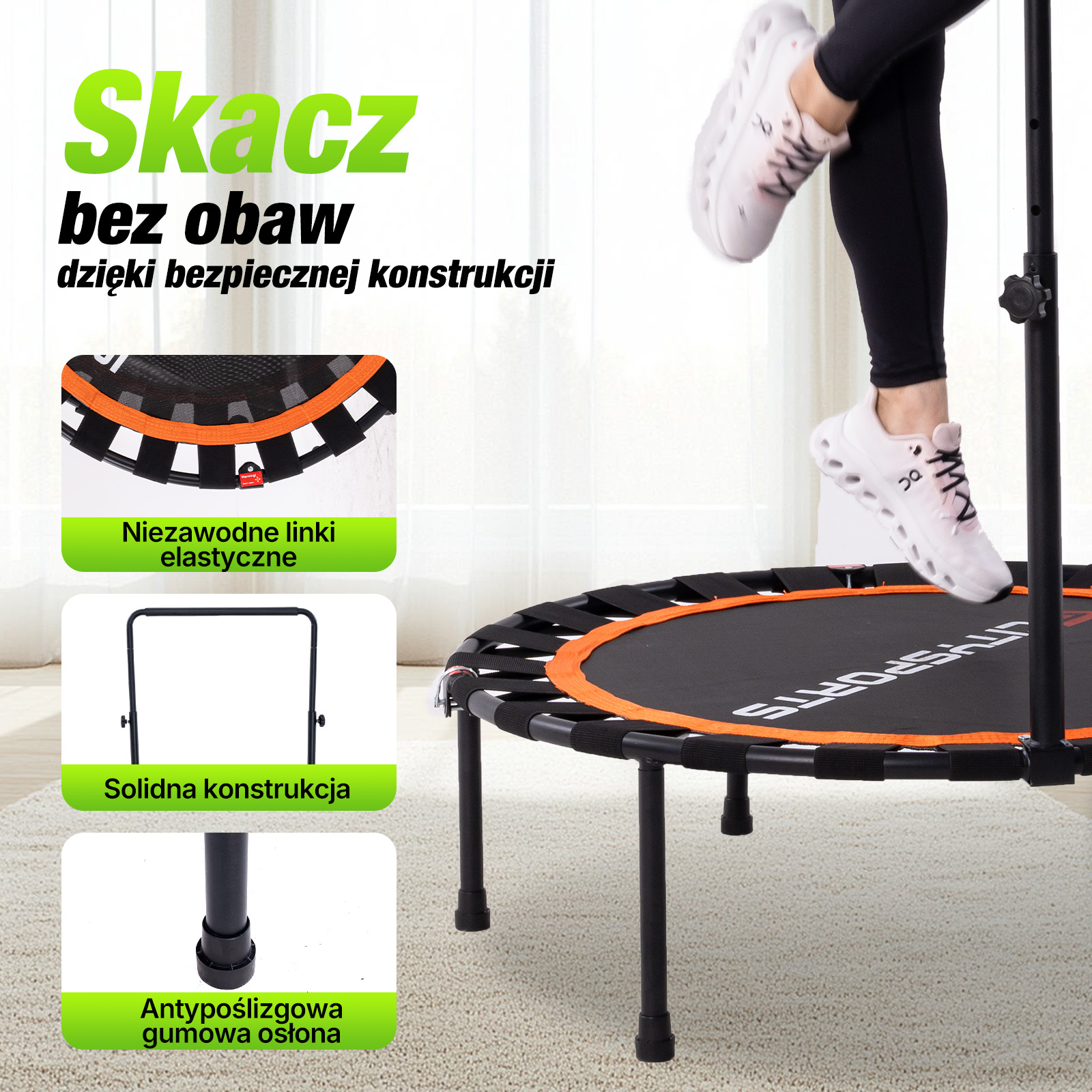 Osoba skacze na małej czarnej trampolinie z pomarańczową obwódką i uchwytem w pokoju.