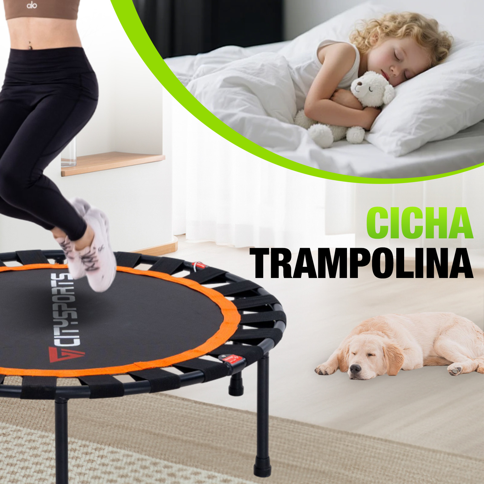 Kobieta skacze na trampolinie, podczas gdy dziecko i pies śpią spokojnie.