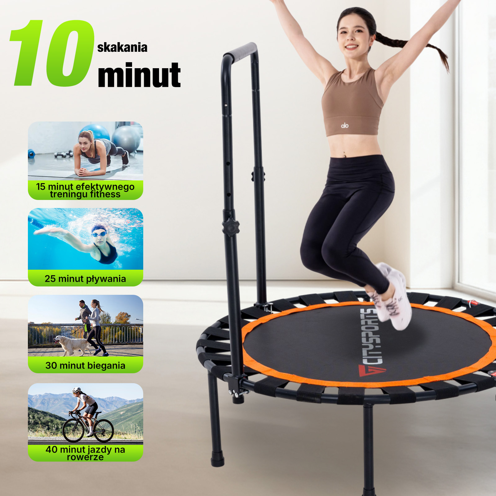Kobieta skacze na trampolinie fitness; po lewej stronie małe zdjęcia przedstawiają inne sporty.