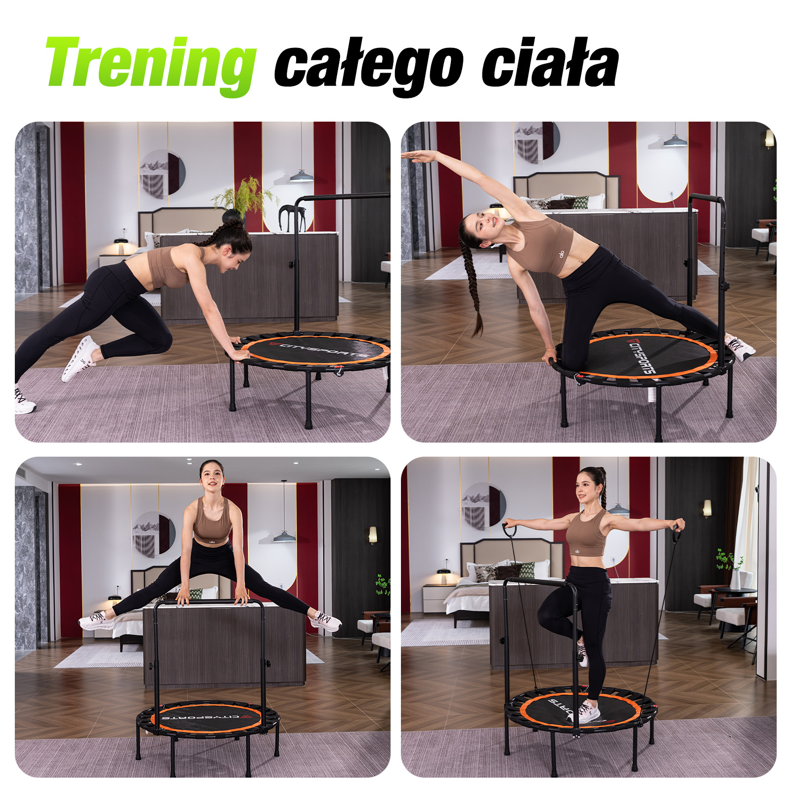 Cztery zdjęcia przedstawiają kobietę ćwiczącą na trampolinie fitness w nowoczesnym pokoju.