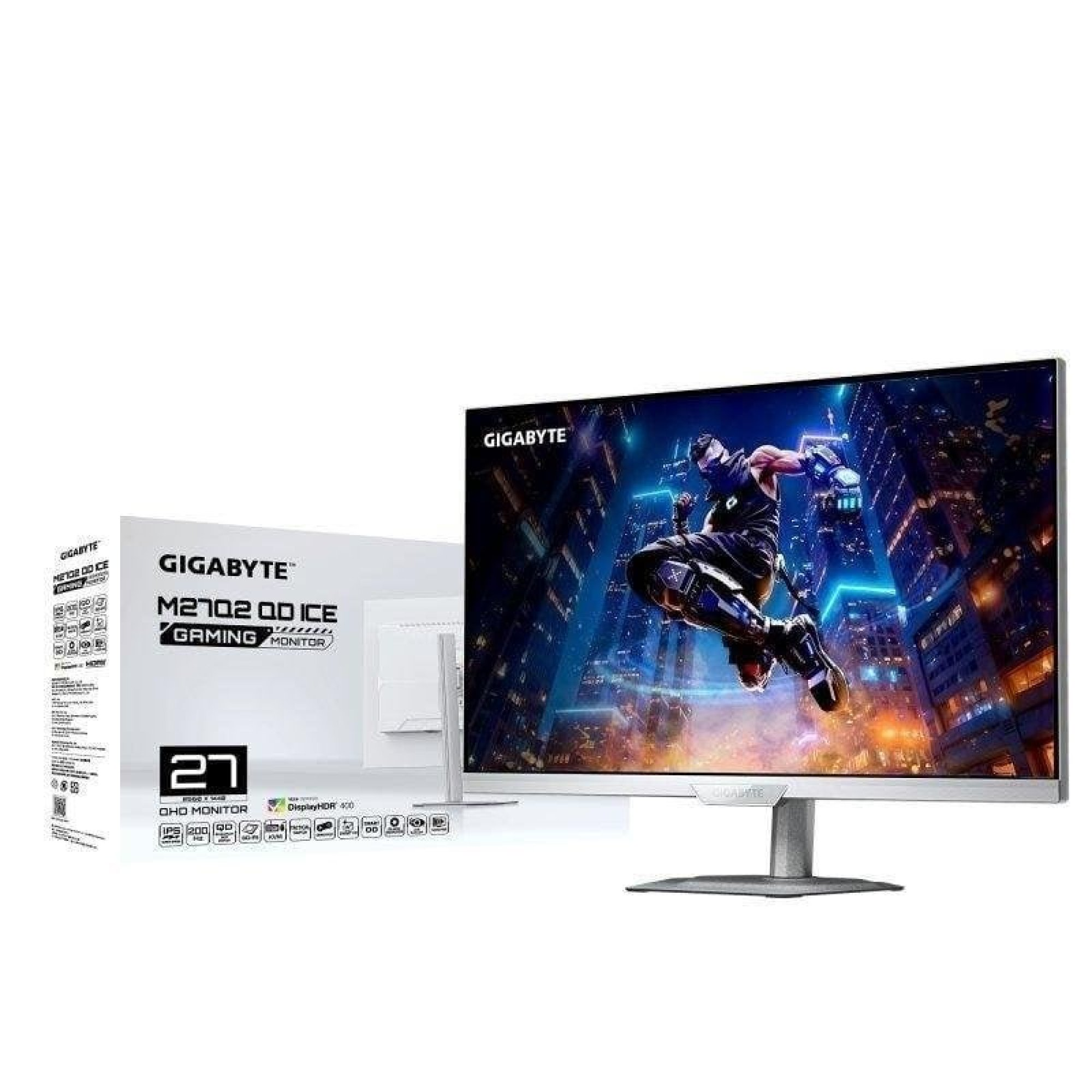Monitor gamingowy Gigabyte M27Q2 QD-ICE z pudłem i futurystyczną grafiką.