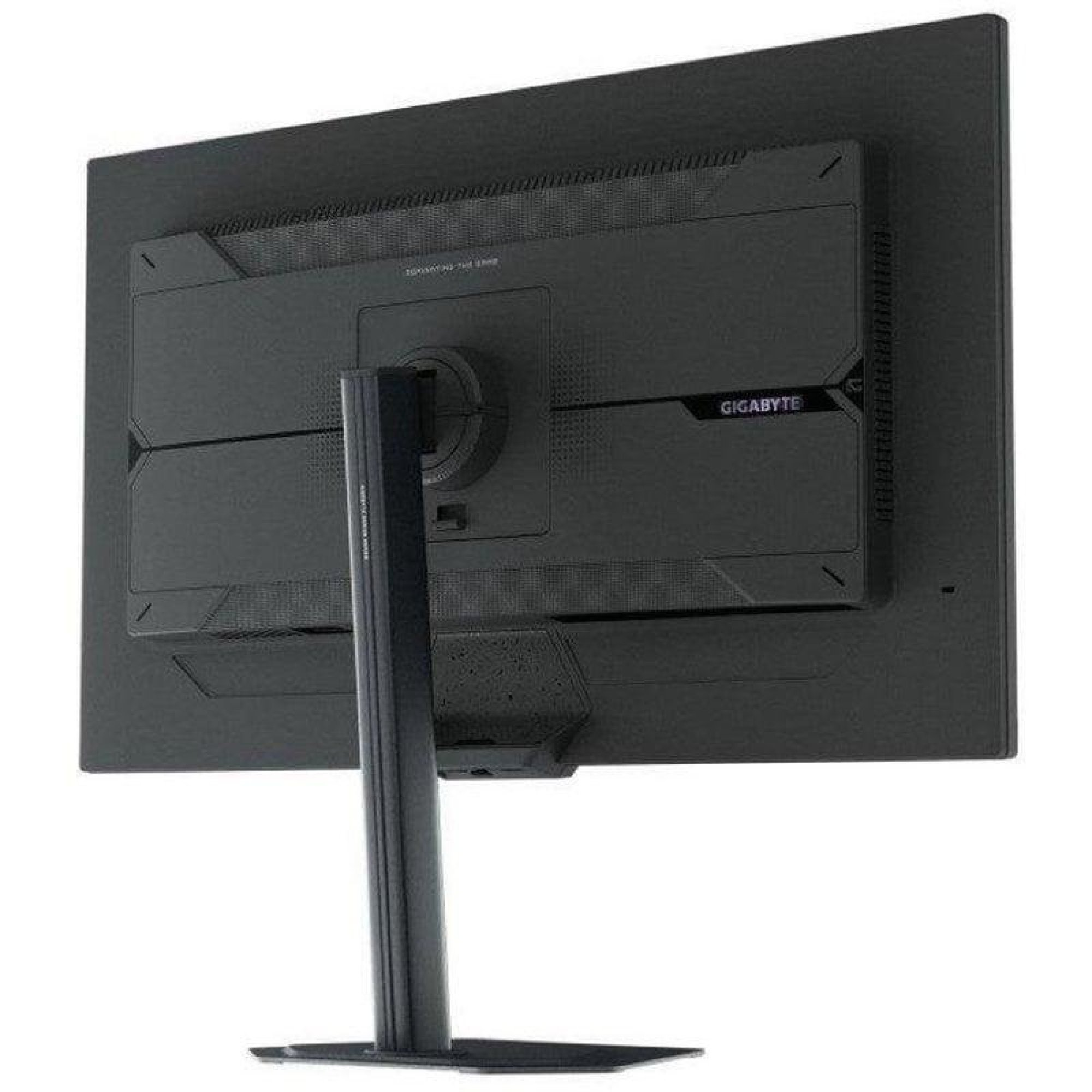 Rückseite eines schwarzen Gigabyte-Monitors mit Standfuß auf weißem Hintergrund.