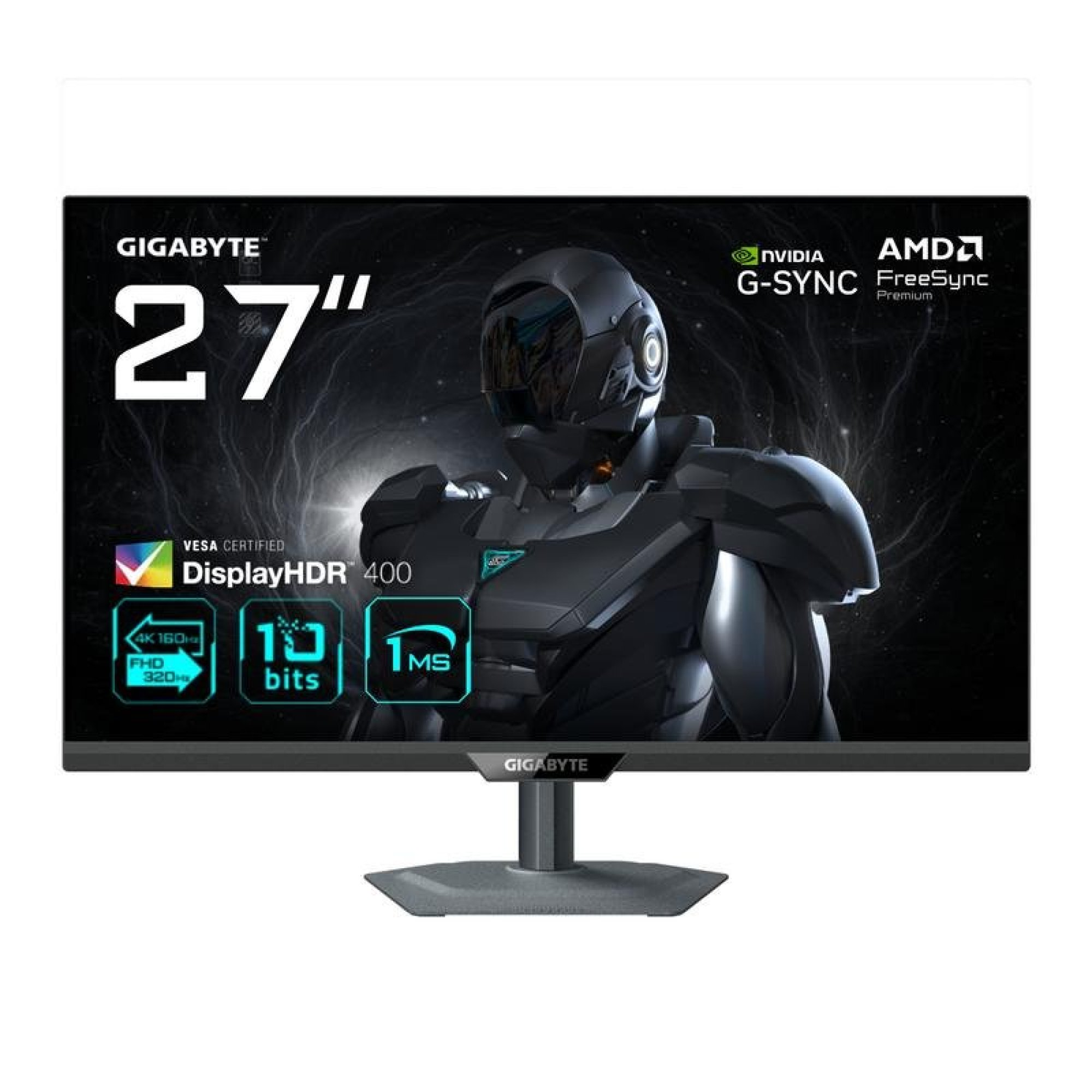 Gigabyte 27-Zoll-Gaming-Monitor mit Sci-Fi-Charakter-Wallpaper und technischen Symbolen auf dem Bildschirm.