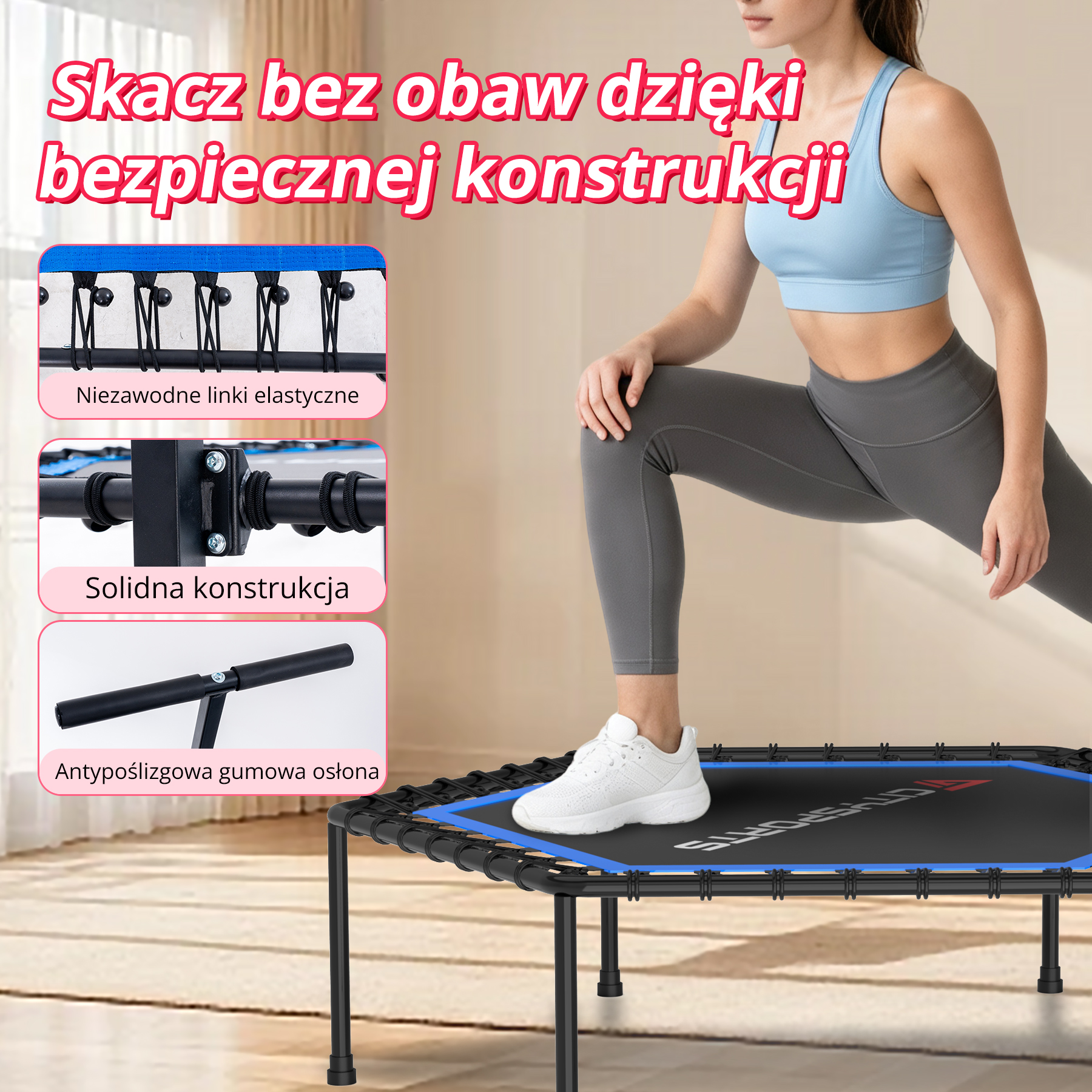 Krocząca kobieta na czarnym trampolinie z detalami linek elastycznych i solidną konstrukcją.