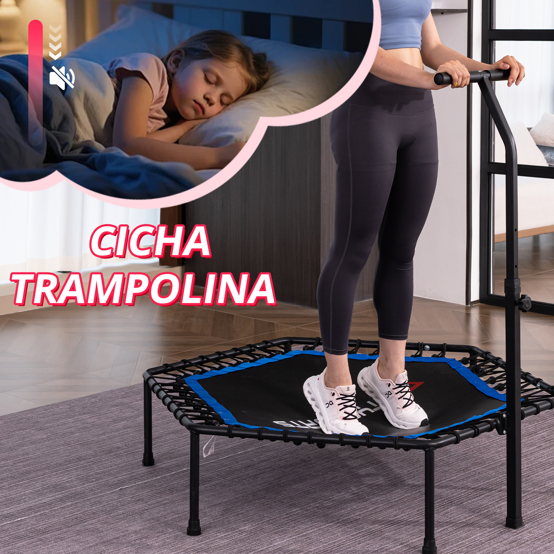 Kobieta ćwiczy na cichej mini trampolinie, nad ni ą dymek pokazujący spokojnie śpiące dziecko.