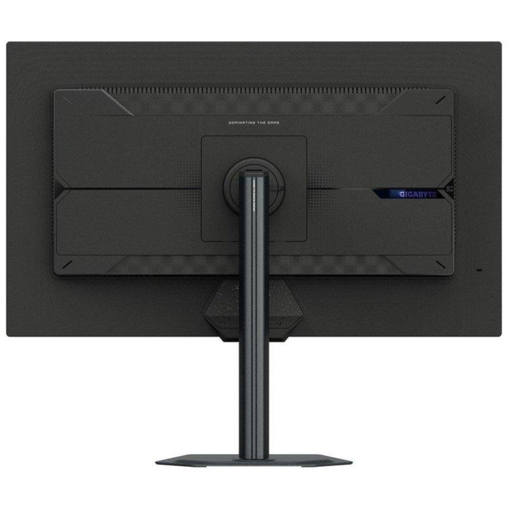 Vista posteriore di un monitor Gigabyte nero su supporto, con il design del pannello e il logo.