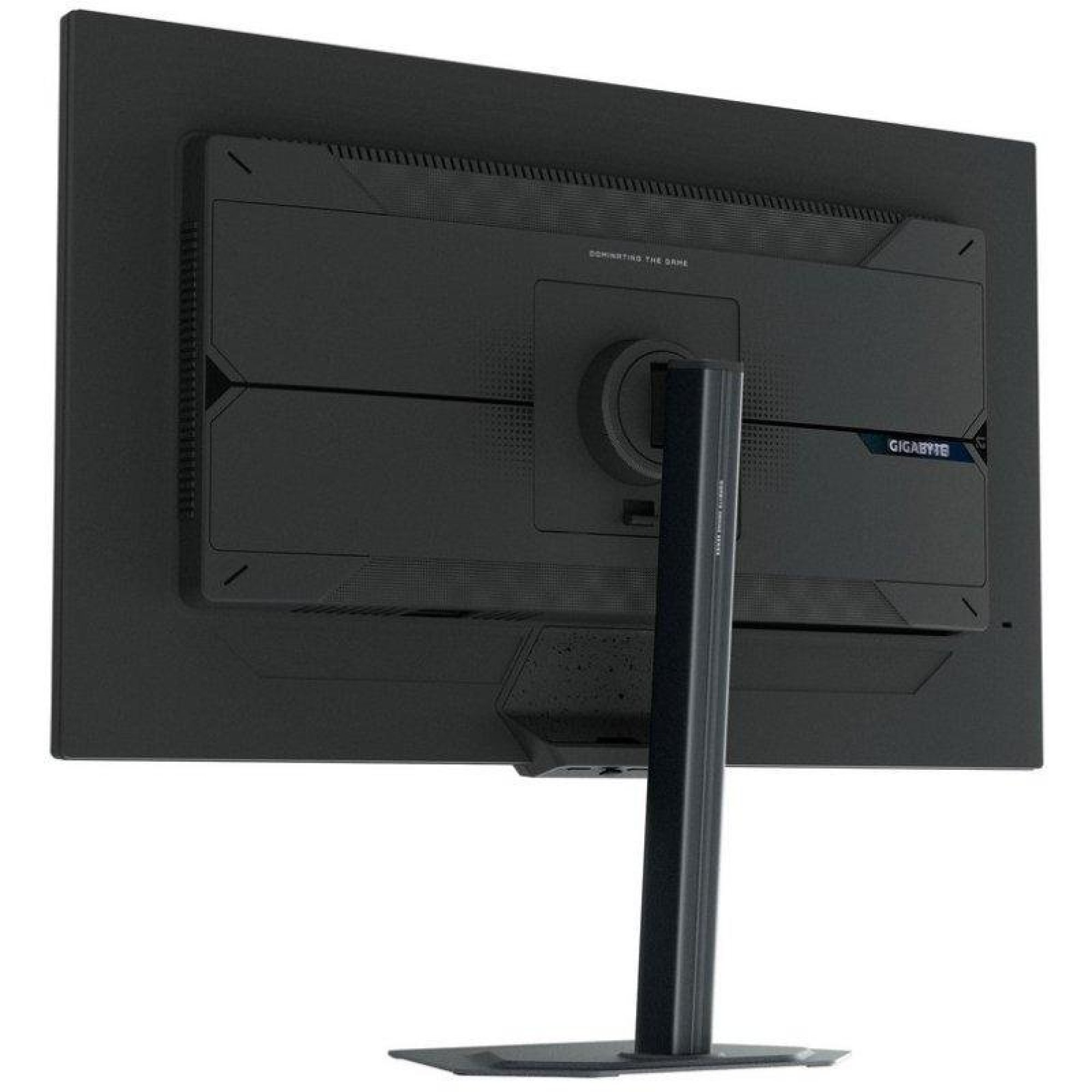 Vista posteriore di un monitor Gigabyte nero con supporto regolabile su sfondo bianco.