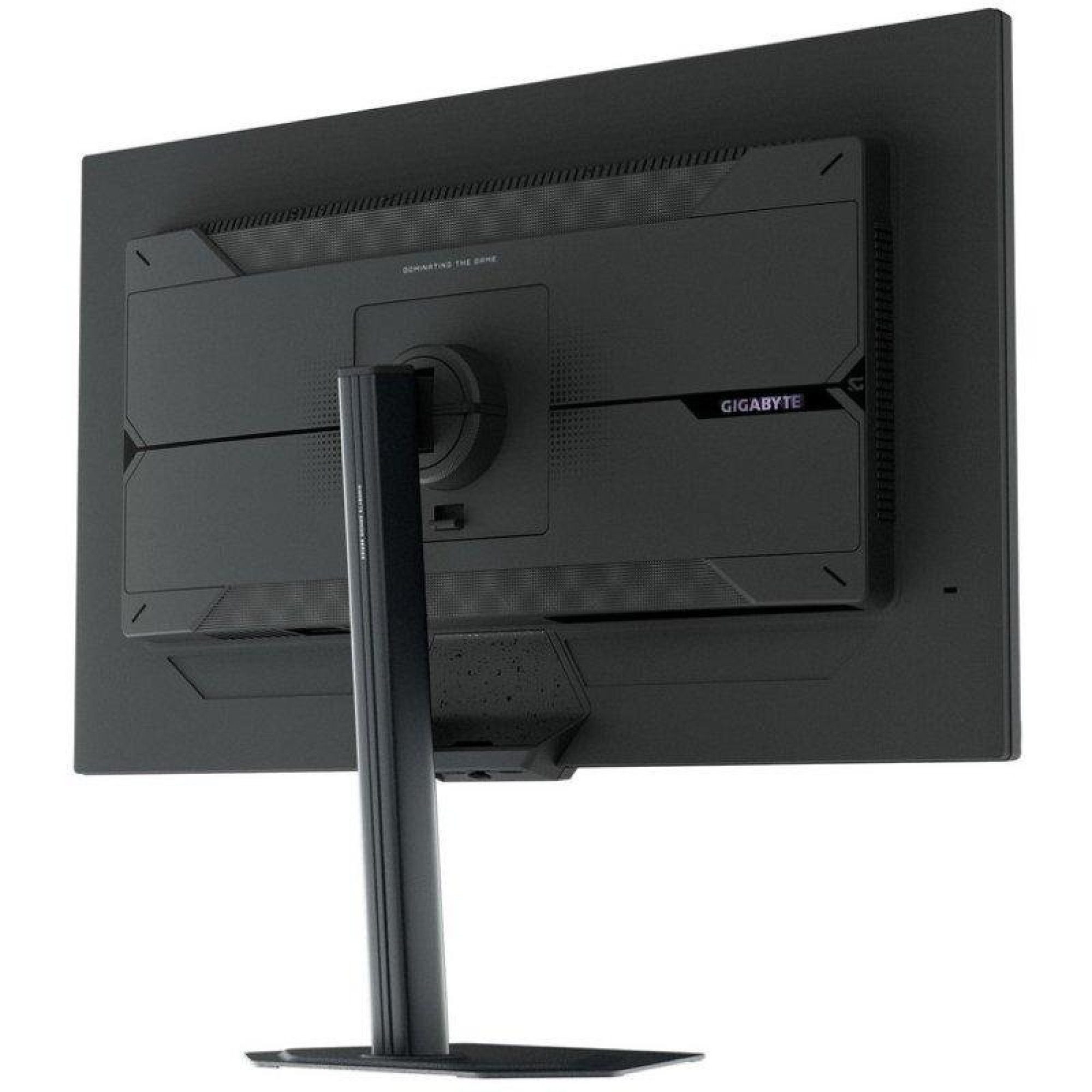 Vista posteriore di un monitor Gigabyte nero su supporto contro uno sfondo bianco.