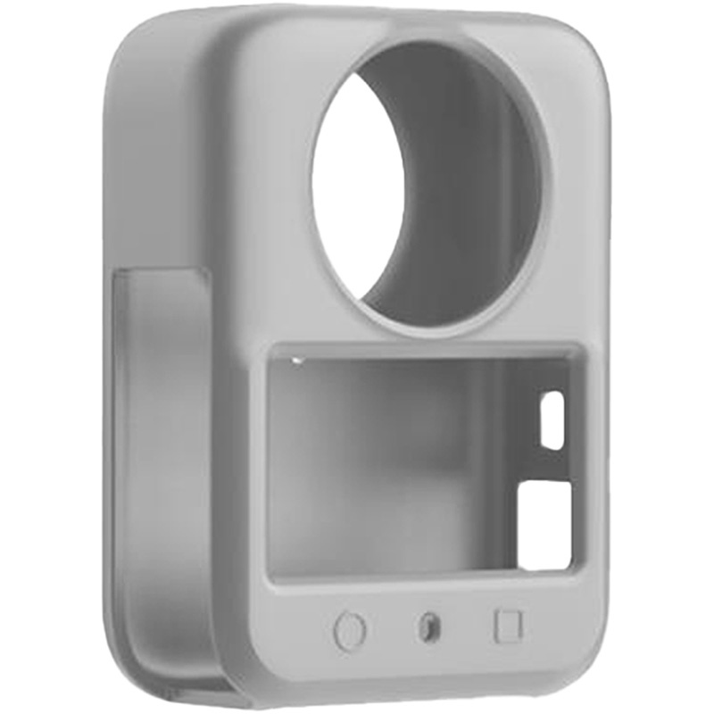 Una custodia protettiva in silicone grigio chiaro con ritagli precisi per fotocamera, schermo e tasti.