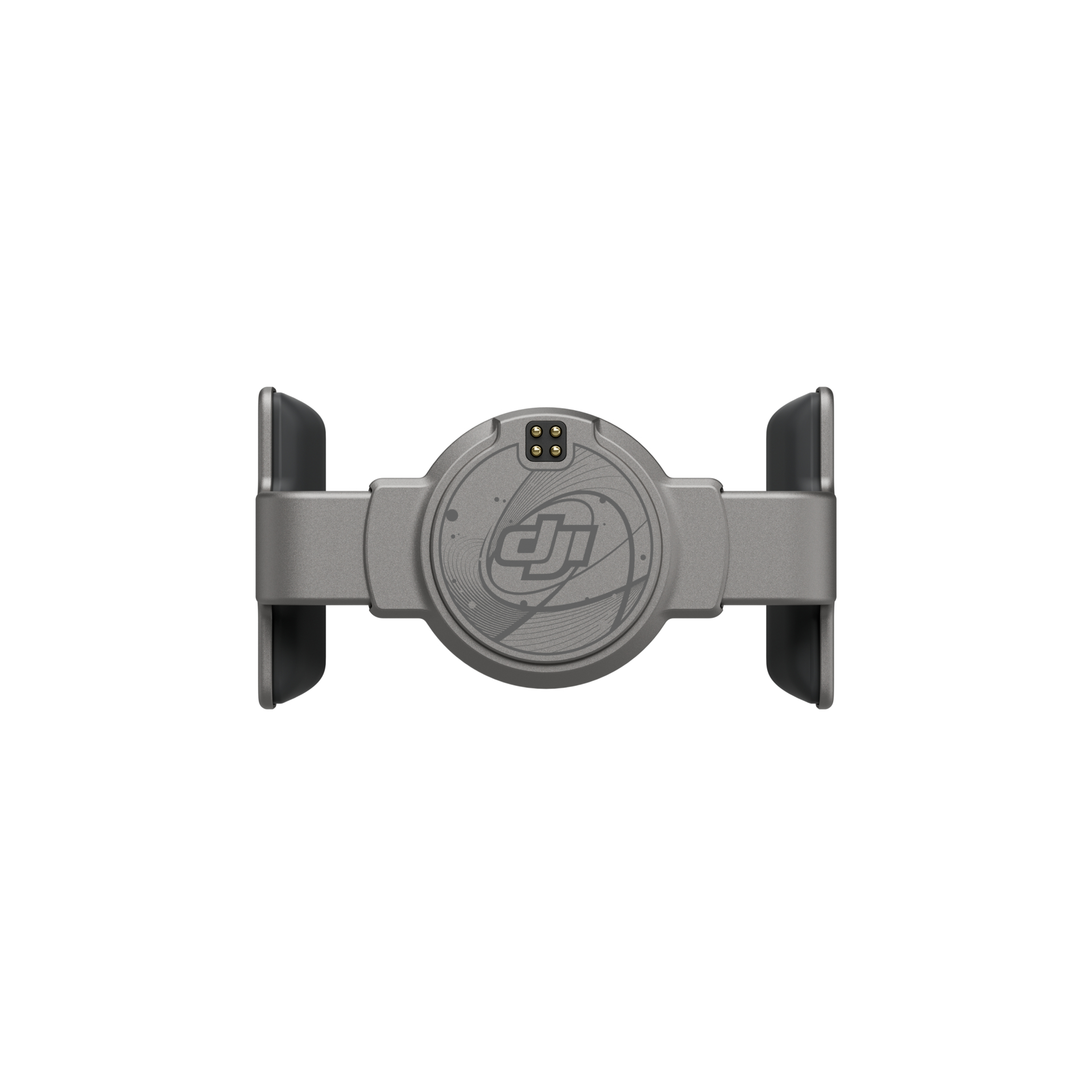 Supporto per morsetto per smartphone DJI grigio con centro circolare e logo su fondo bianco.