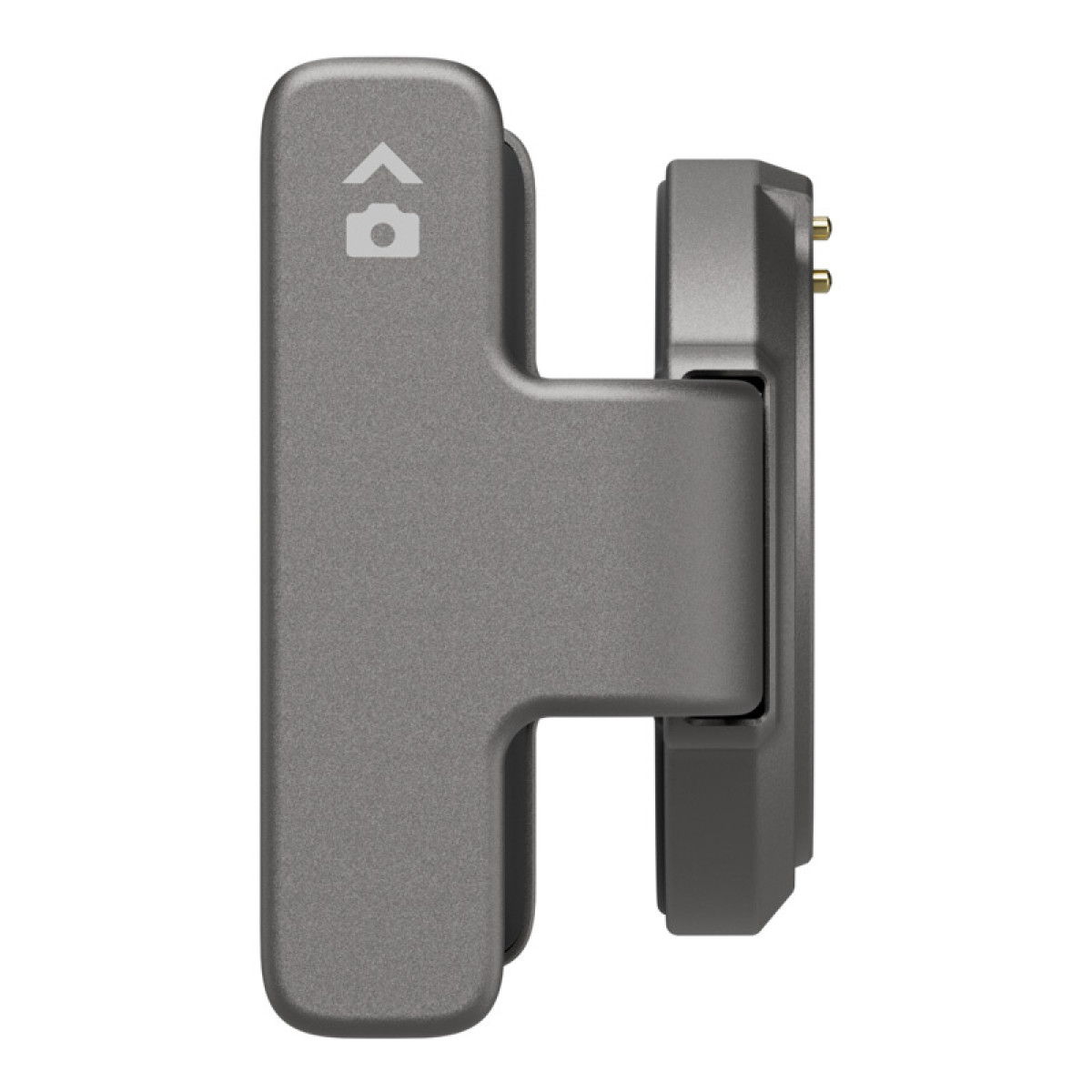 Supporto per fotocamera in metallo grigio con freccia verso l'alto e icona della fotocamera, isolato su sfondo bianco.