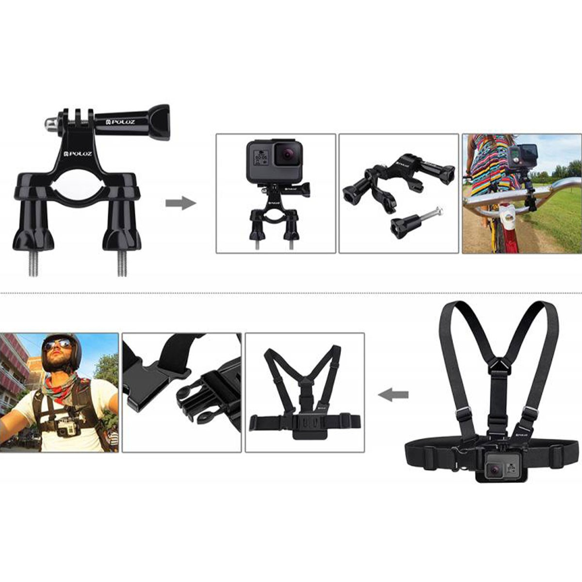 Diagramma che mostra supporti per action cam per manubrio e imbracatura toracica.