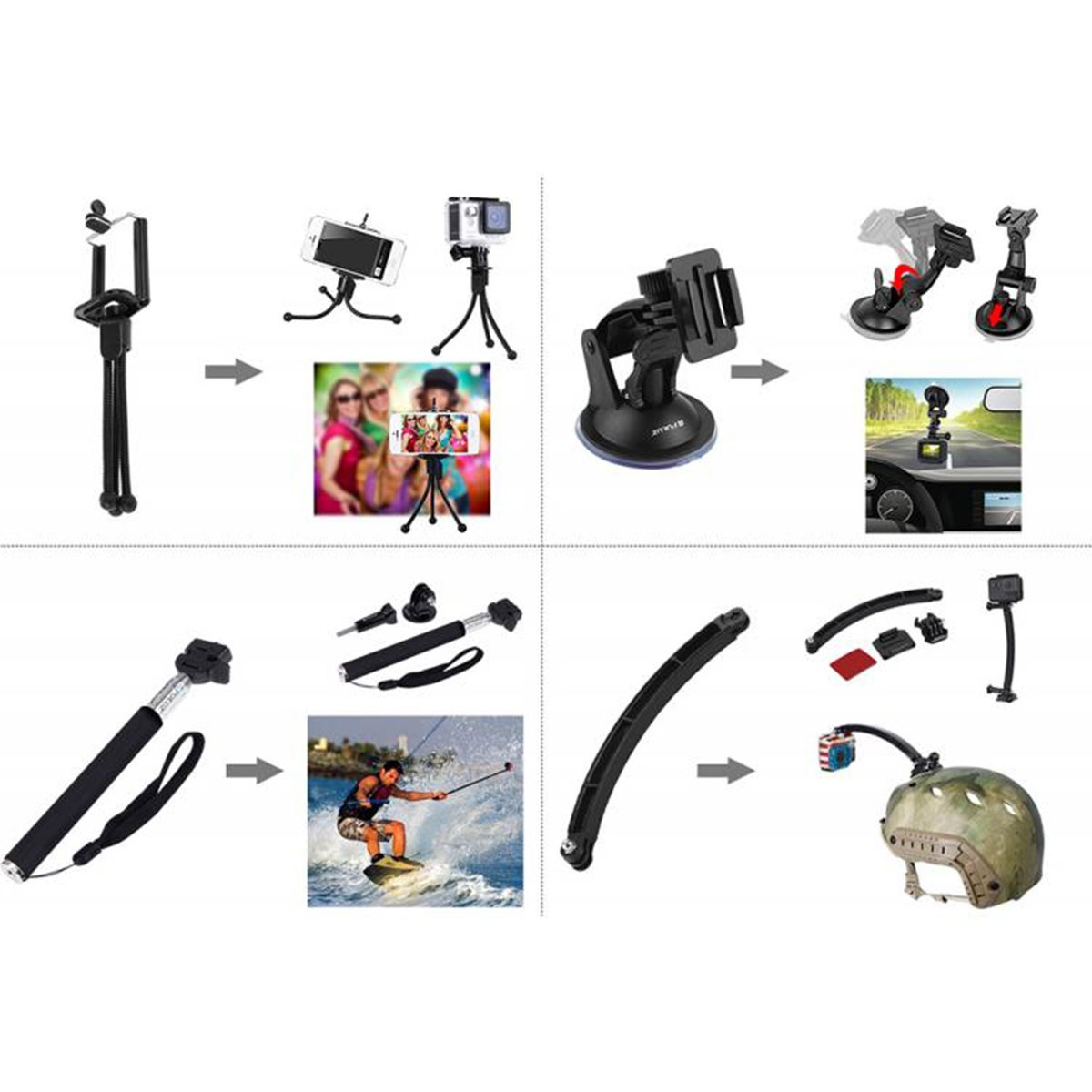 Guida in 4 parti che mostra vari supporti per fotocamera, treppiedi, selfie stick e i loro usi.