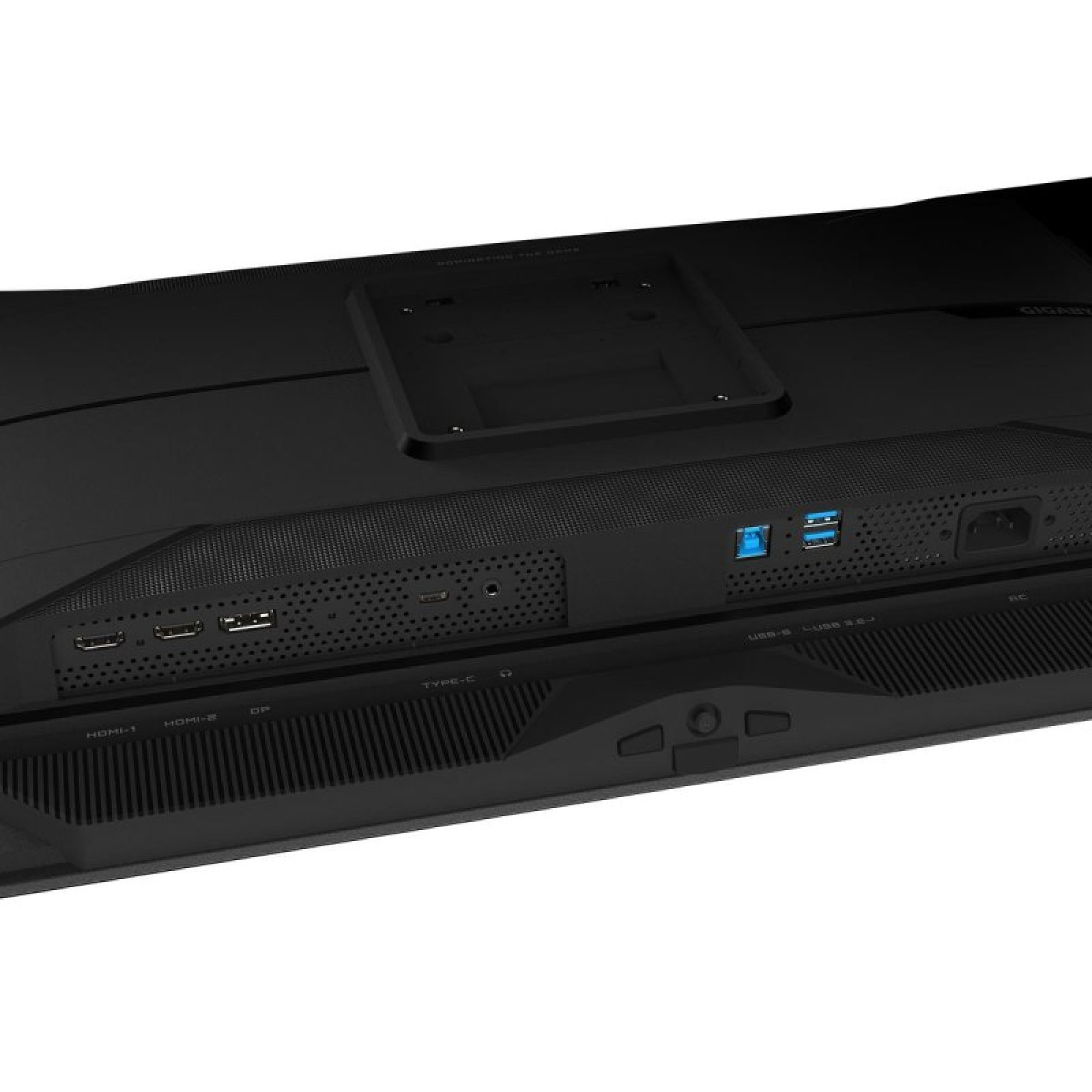 Retro di un monitor nero con varie porte tra cui HDMI, USB e alimentazione.