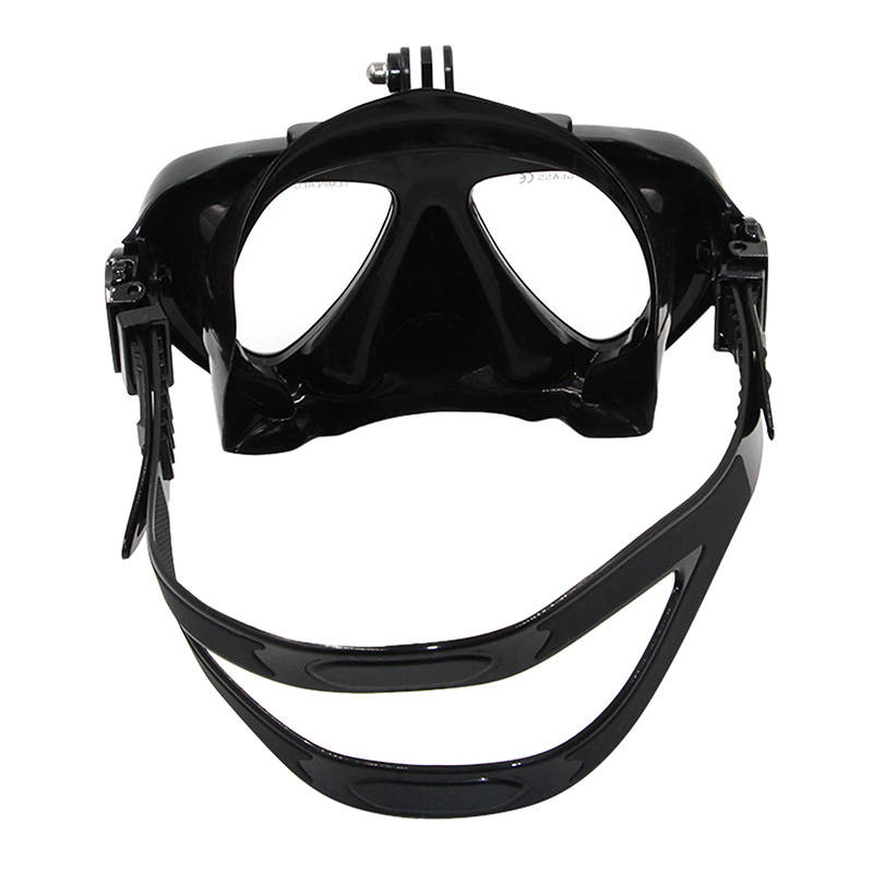 Maschera da sub nera con doppia lente e supporto per videocamera in alto, su sfondo bianco.
