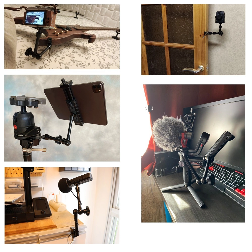 Un collage di sei immagini che mostrano telecamere, microfoni e tablet montati su vari supporti all'interno.