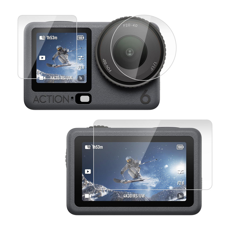 Action cam grigia con pellicole protettive sugli schermi anteriore e posteriore.