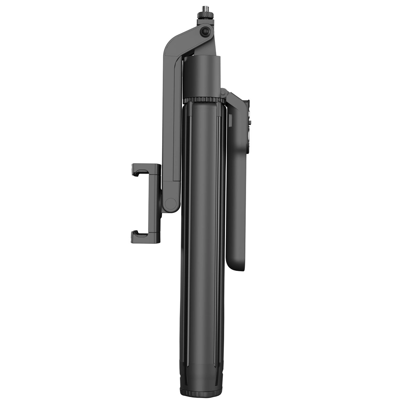 Un selfie stick pieghevole nero e treppiede visto verticalmente su sfondo bianco.