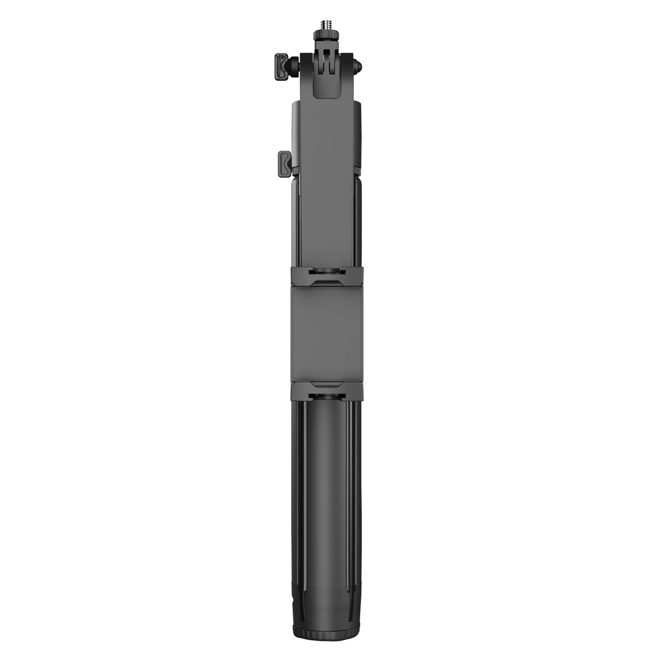 Un selfie stick nero pieghevole su sfondo bianco.