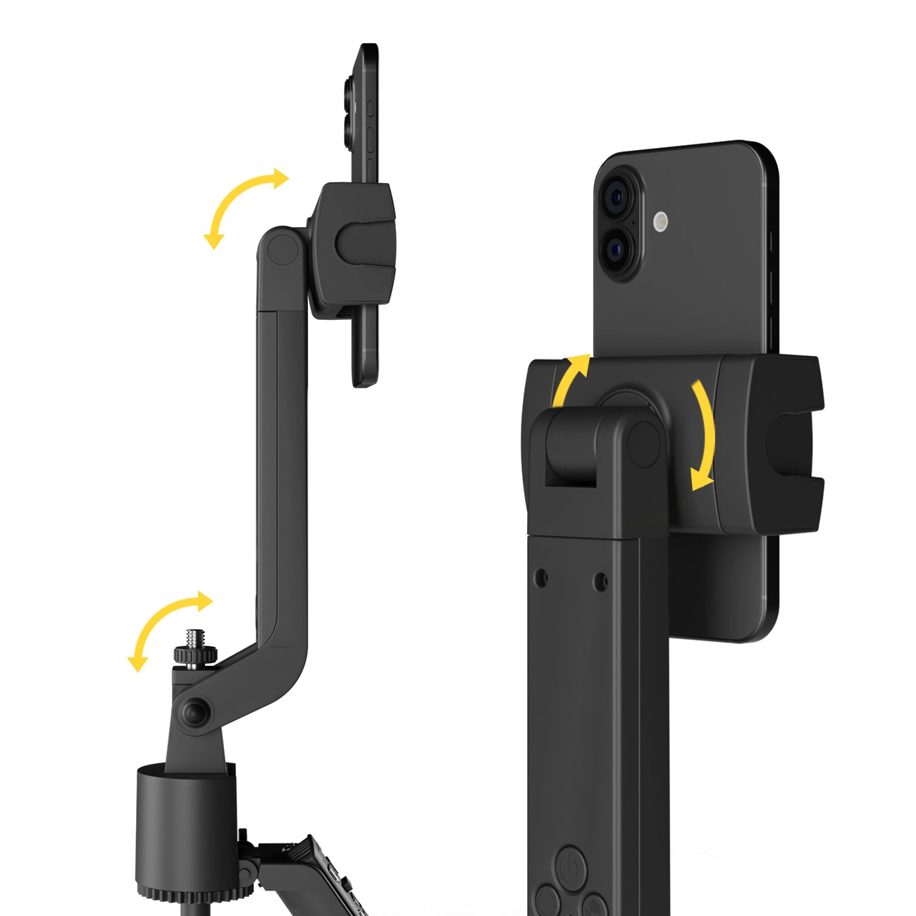 Un supporto nero per smartphone con bracci regolabili e frecce gialle di rotazione da due angolazioni su sfondo bianco.