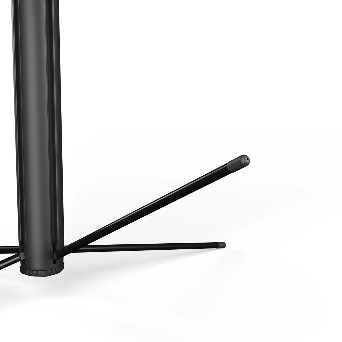 Base per supporto in metallo nero con gambe estensibili su fondo bianco.