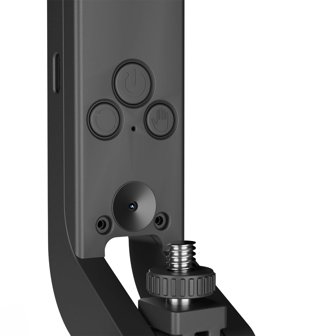 Primo piano di un dispositivo elettronico nero con tre tasti, un obiettivo fotografico e una manopola filettata.