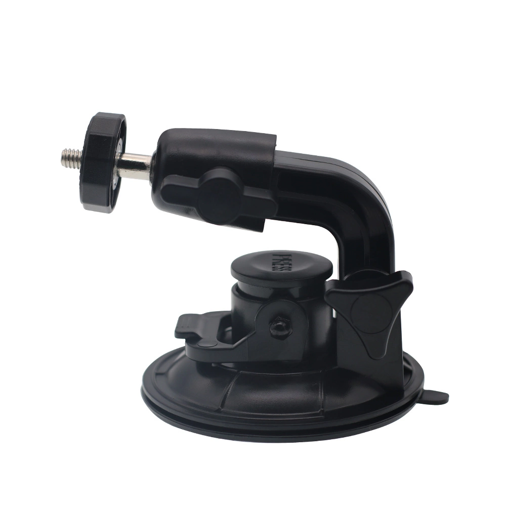 Supporto a ventosa nero per fotocamera con testa a sfera e vite filettata su sfondo bianco.