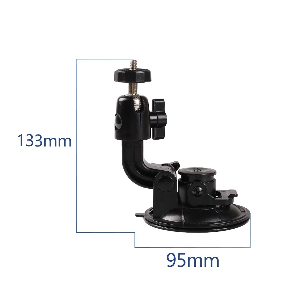 Supporto per fotocamera nero con ventosa e dimensioni di 133 mm di altezza e 95 mm di larghezza su sfondo bianco.