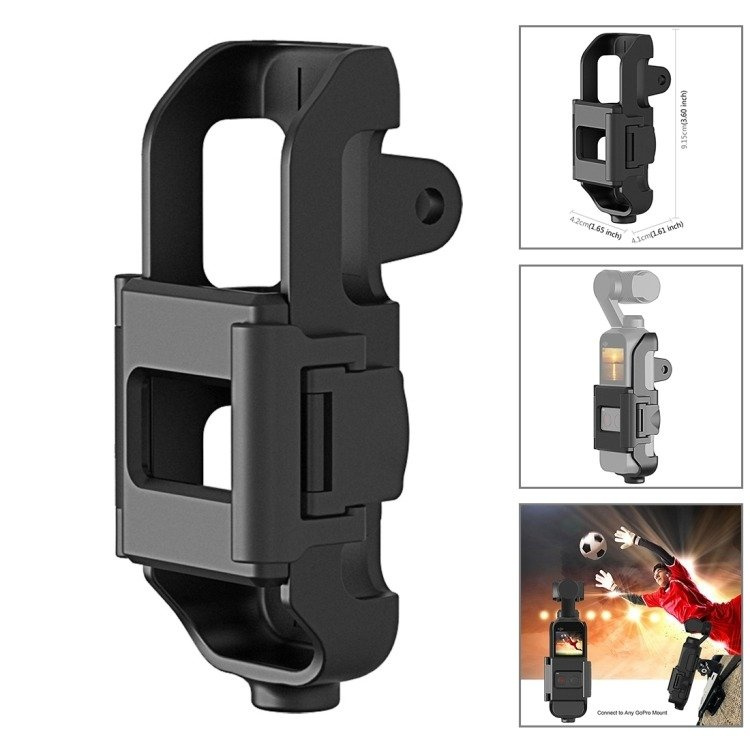 Supporto per fotocamera in plastica nera con dimensioni ed esempi d'uso sportivo.