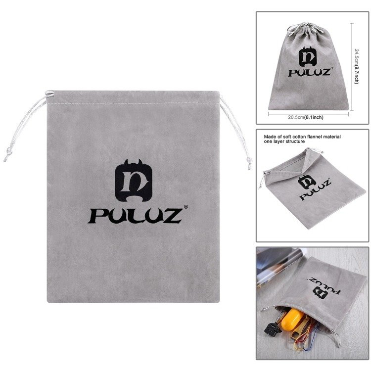 Borsa in flanella grigia con coulisse, logo Puluz, dimensioni e attrezzi.