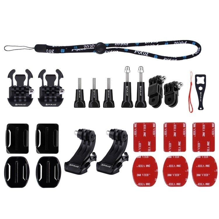 Accessori di montaggio per action cam tra cui cinghia, viti, fibbie e cuscinetti adesivi 3M.