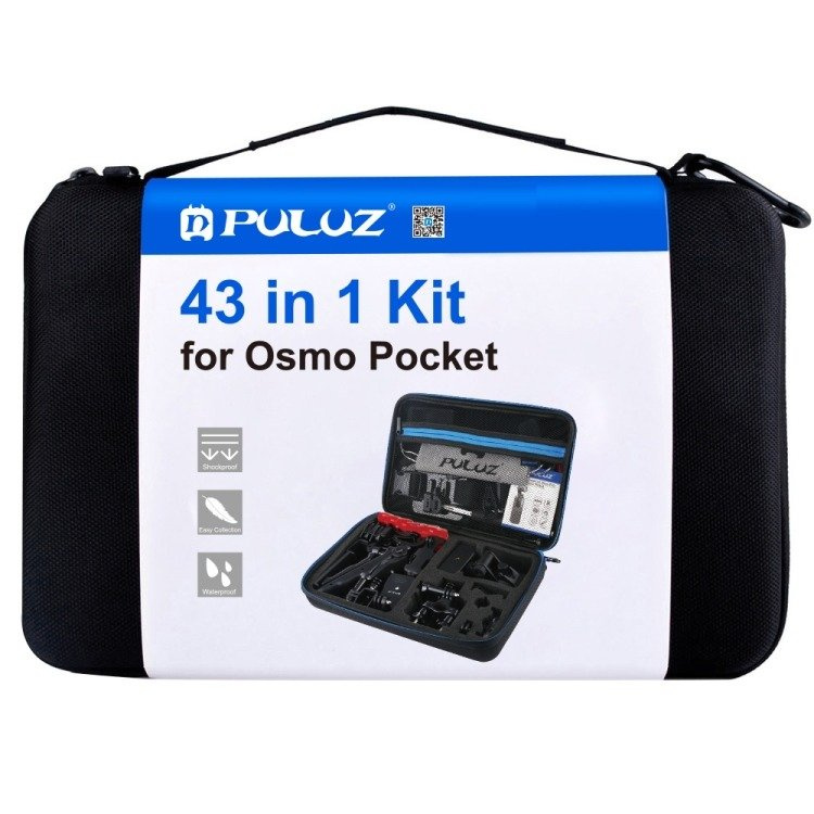 Custodia di trasporto nera Puluz 43 in 1 per Osmo Pocket con accessori.