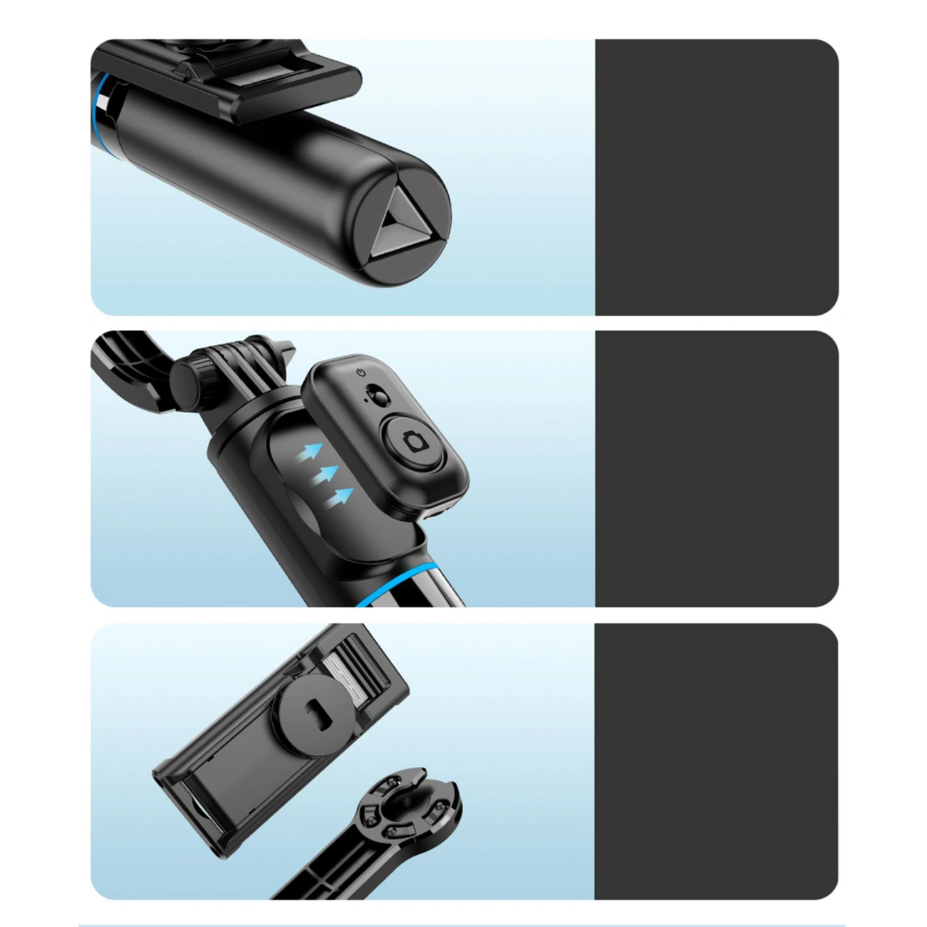 Tre viste del prodotto mostrano un selfie stick nero con base triangolare, telecomando staccabile e supporto.