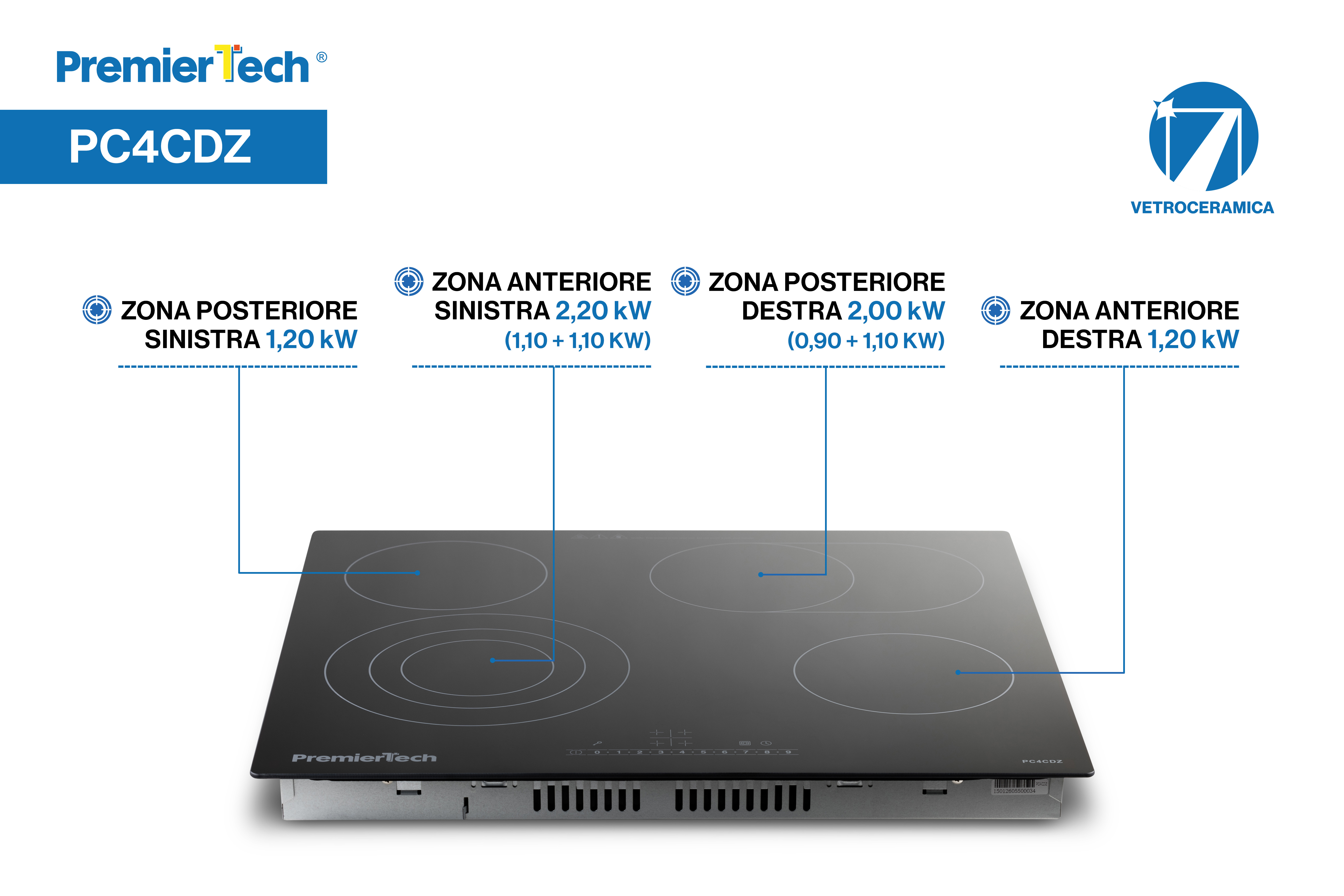 Piano cottura a induzione nero PremierTech con quattro zone e potenze.
