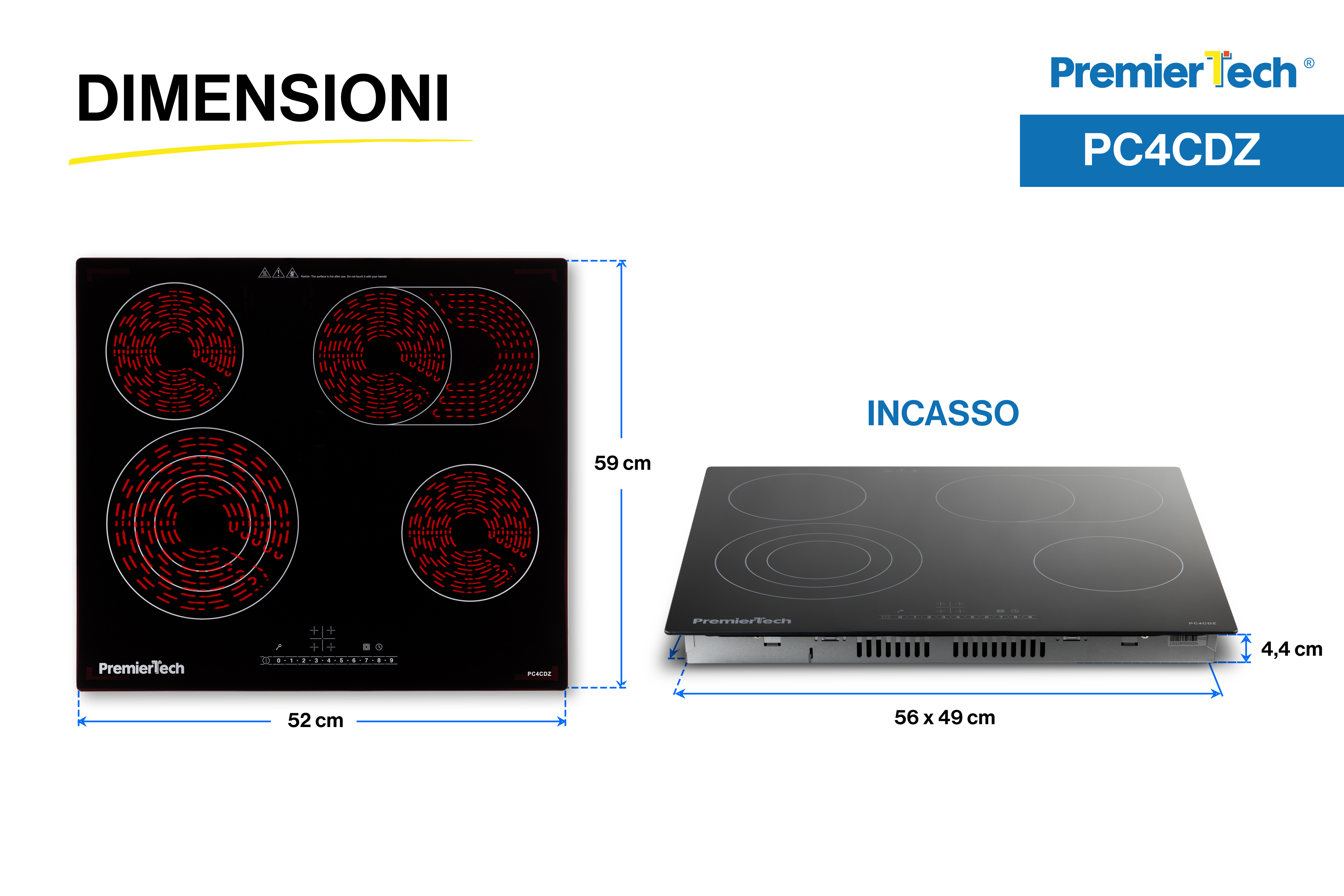 Schema che mostra le dimensioni di un piano cottura a induzione nero PremierTech PC4CDZ.