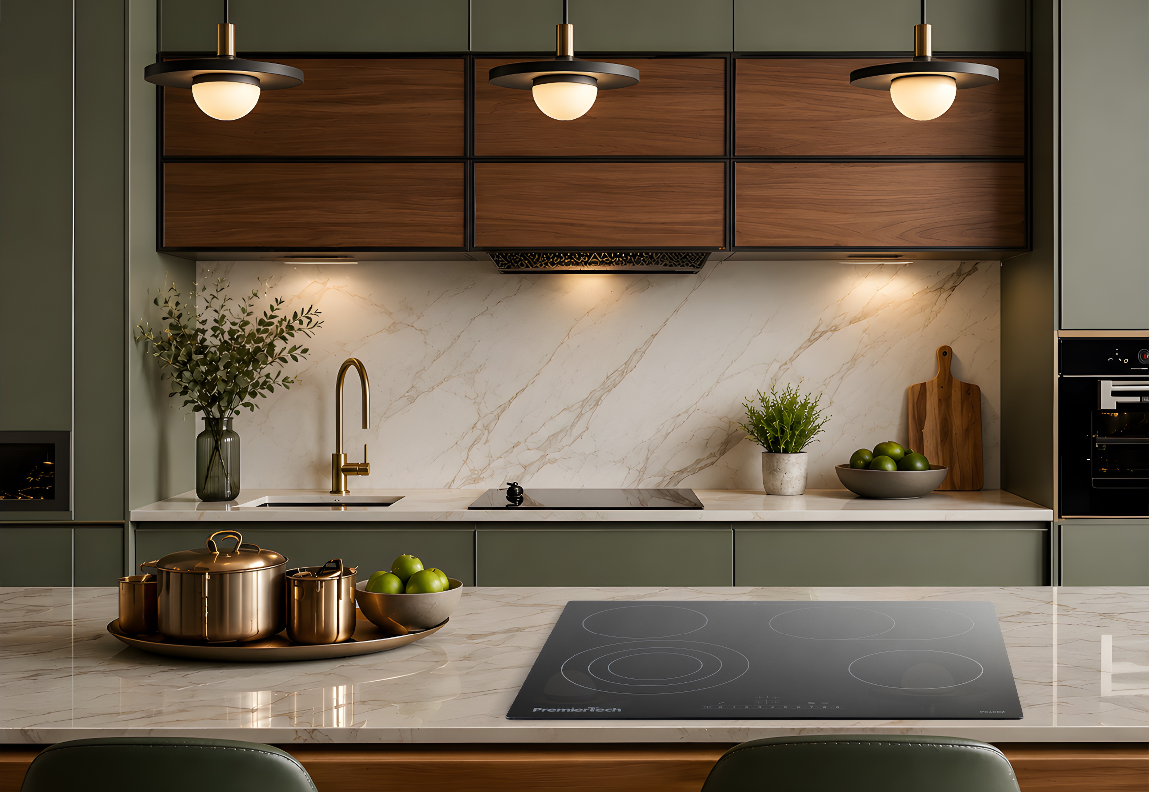 Moderna cucina verde e in legno con piano in marmo, piano cottura a induzione e lampade a sospensione.