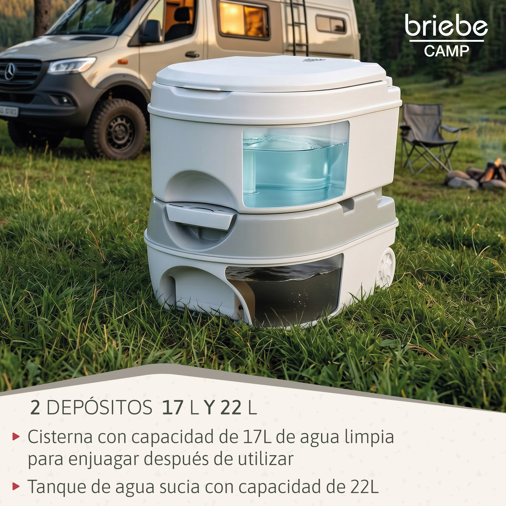Inodoro portátil de camping sobre césped, con autocaravana al fondo.