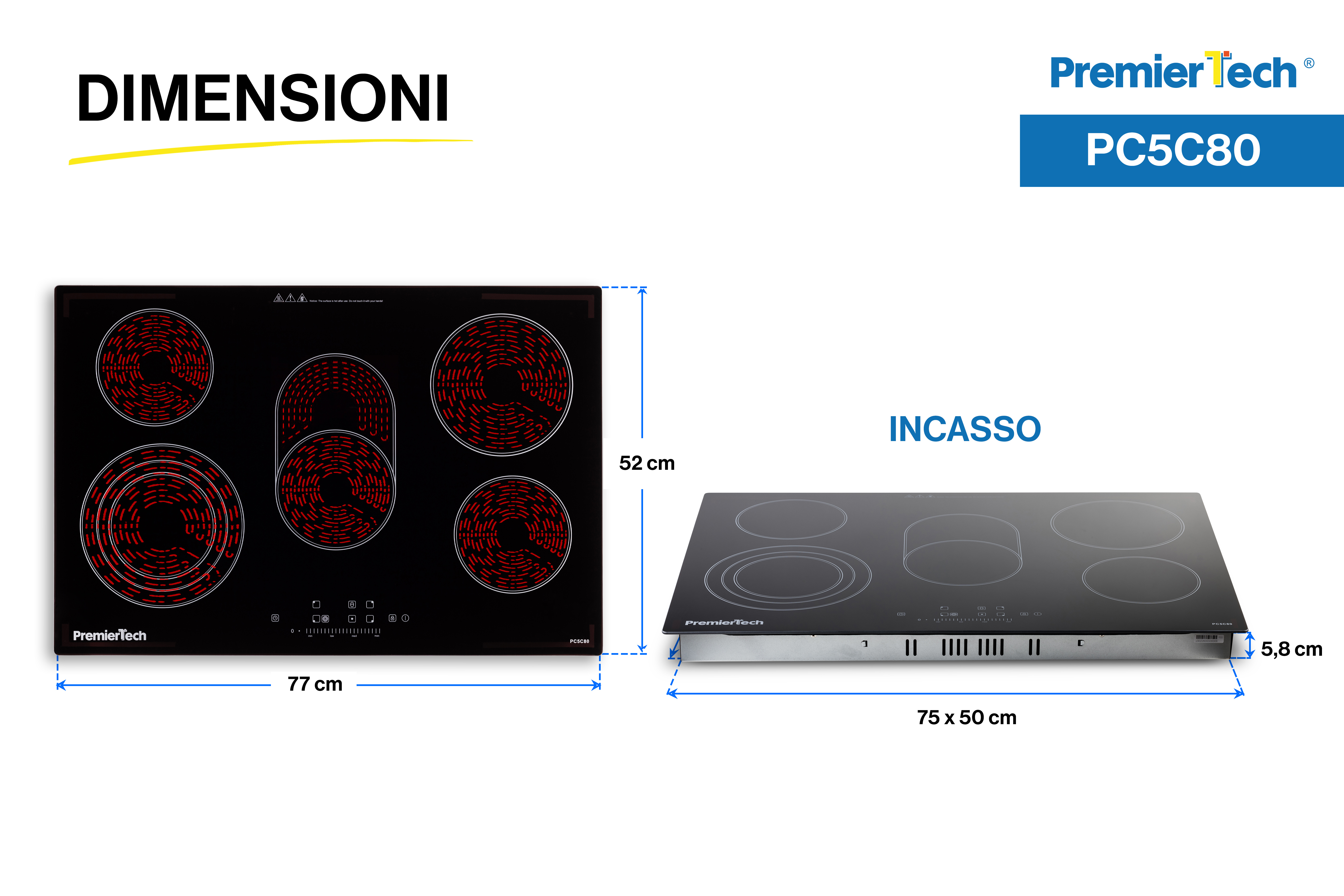 Schema tecnico con le dimensioni del piano cottura a induzione PremierTech PC5C80.