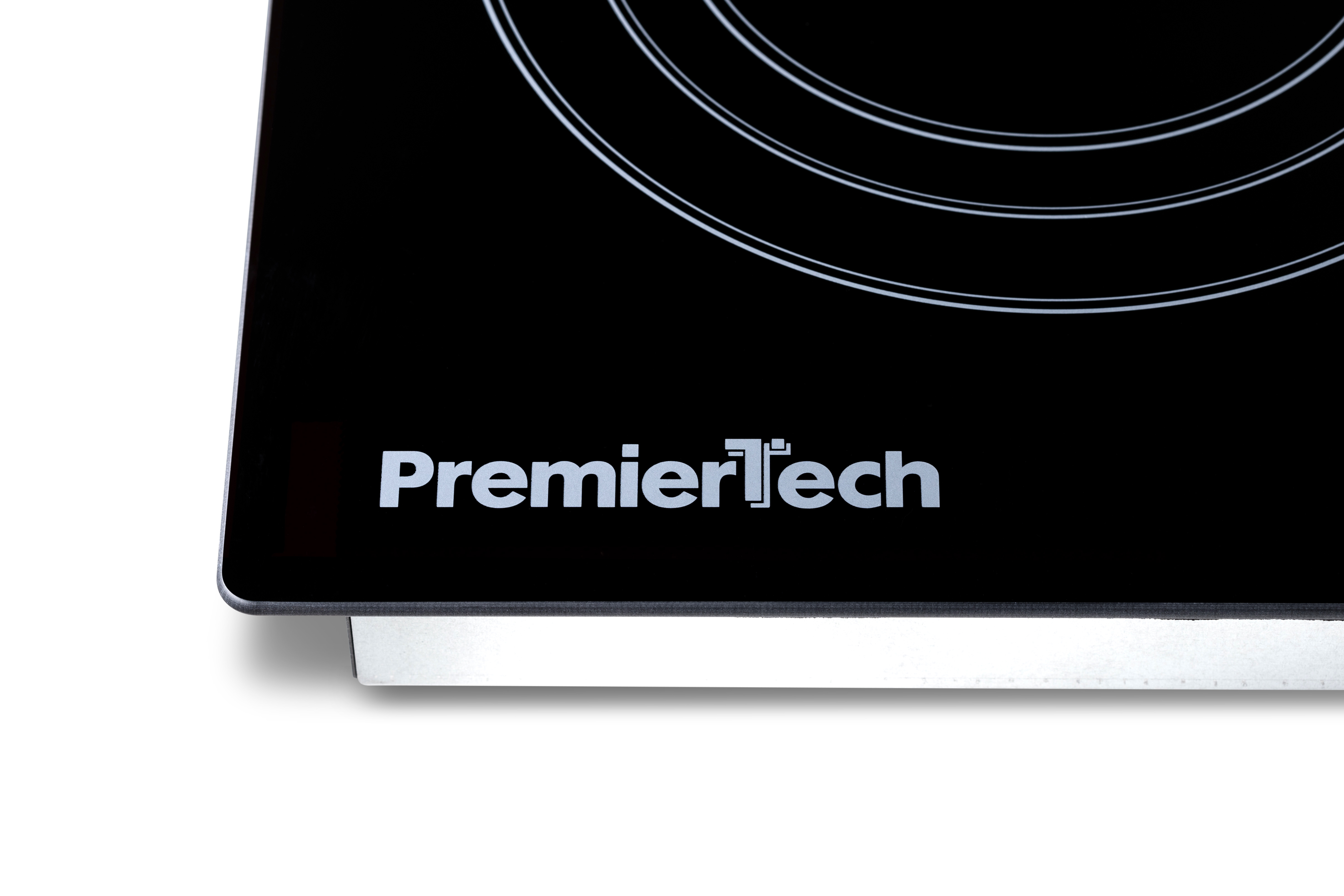 Piano cottura in vetroceramica nera con logo PremierTech e linee di cottura bianche su fondo bianco.