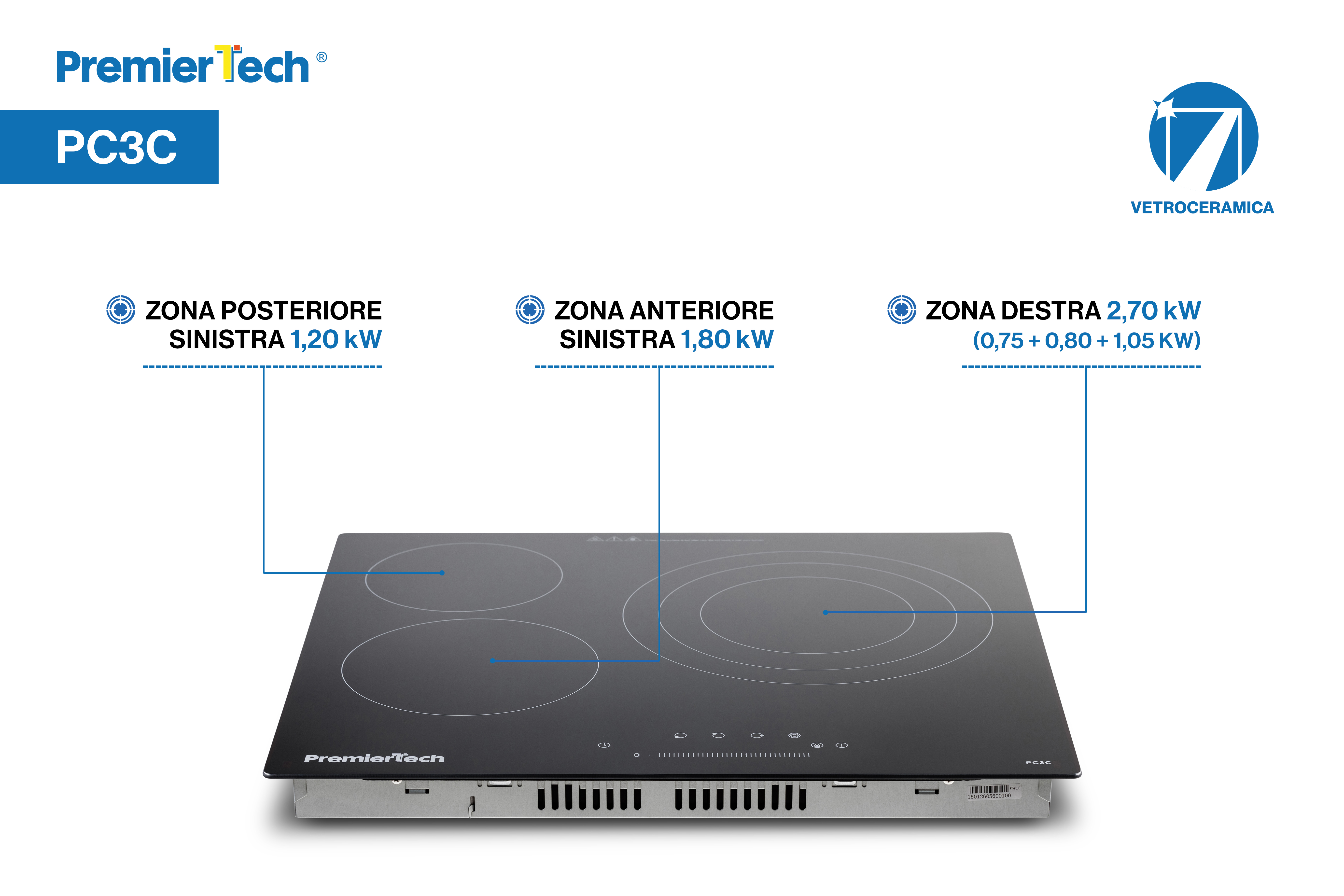 Schema di un piano cottura a induzione nero PremierTech con indicazione della potenza delle zone.
