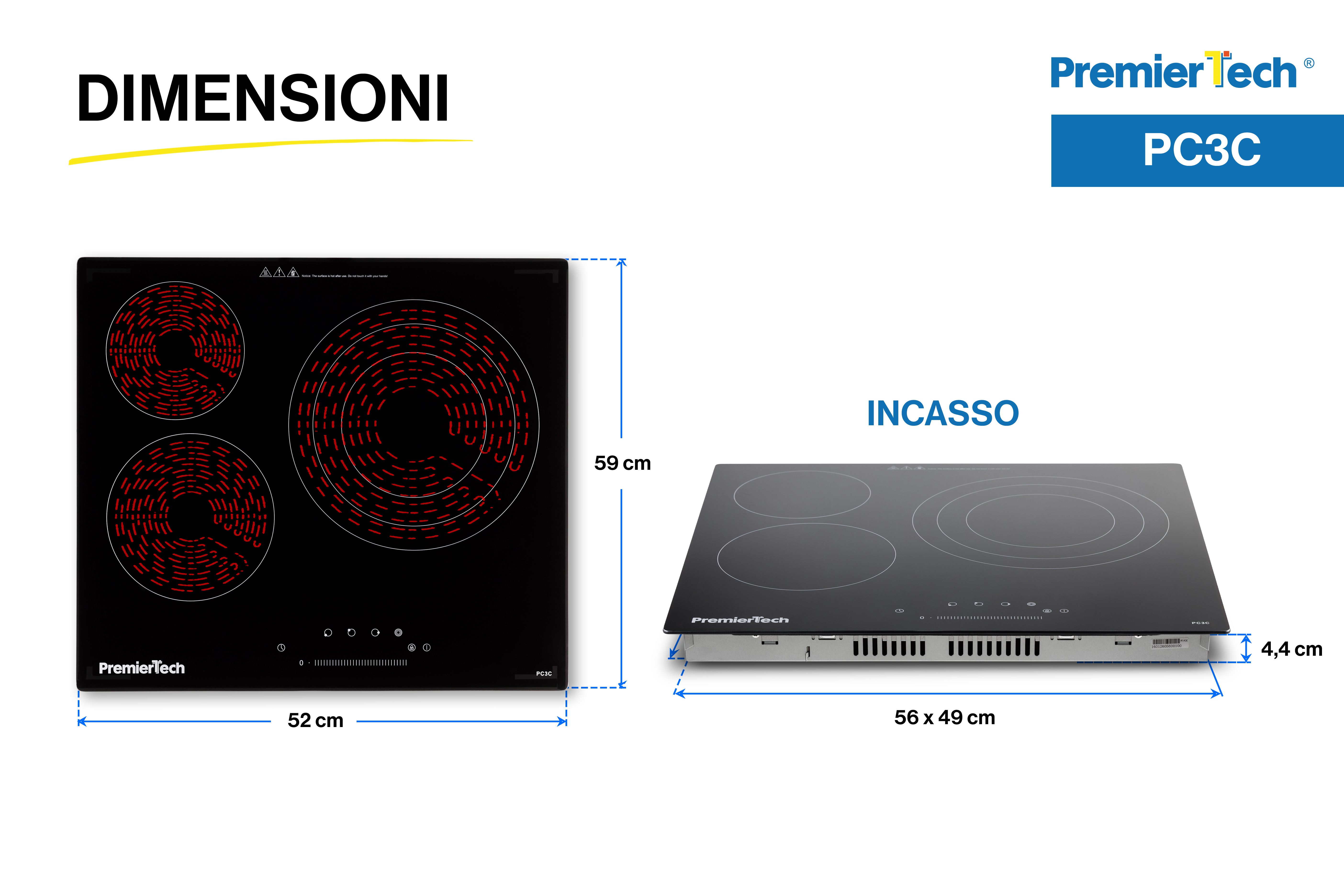 Disegno tecnico con dimensioni del piano cottura a induzione PremierTech PC3C a tre zone.