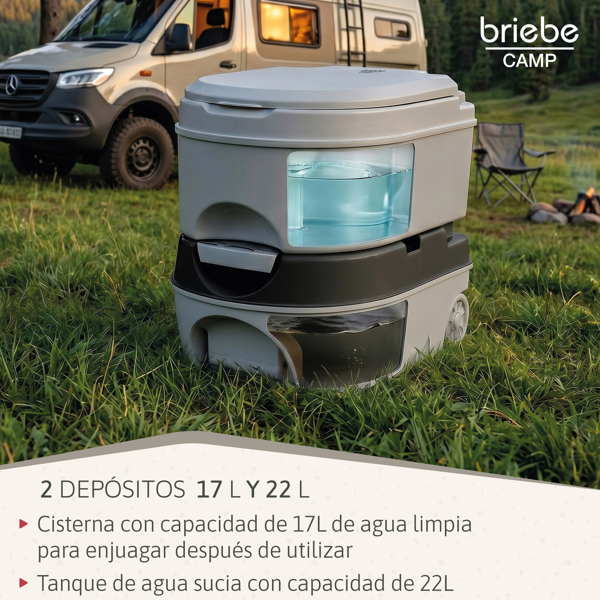 Inodoro de camping gris en la hierba con autocaravana al fondo, texto en español.