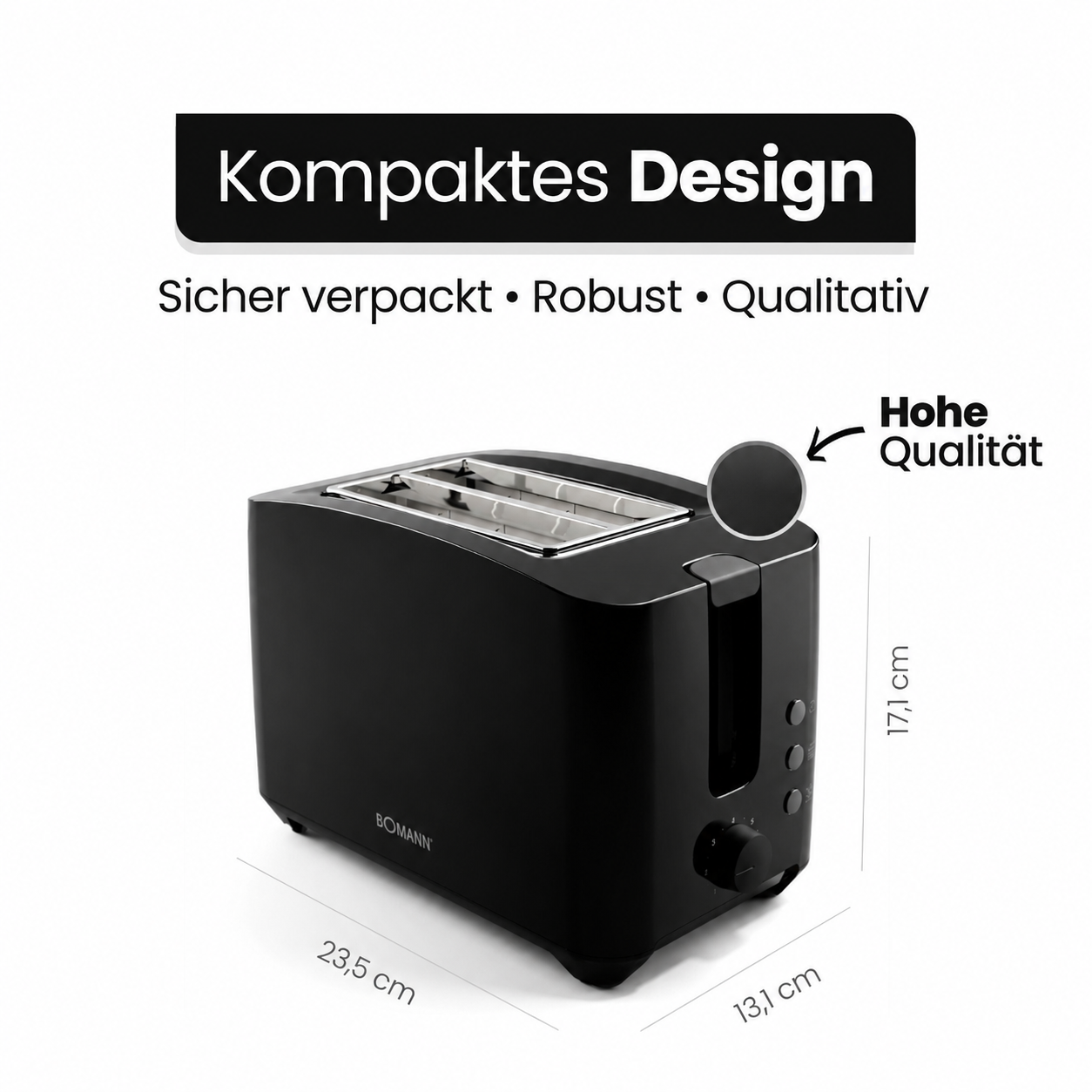 Tapane nero Bomann con dimensioni e testo su design compatto e qualità.