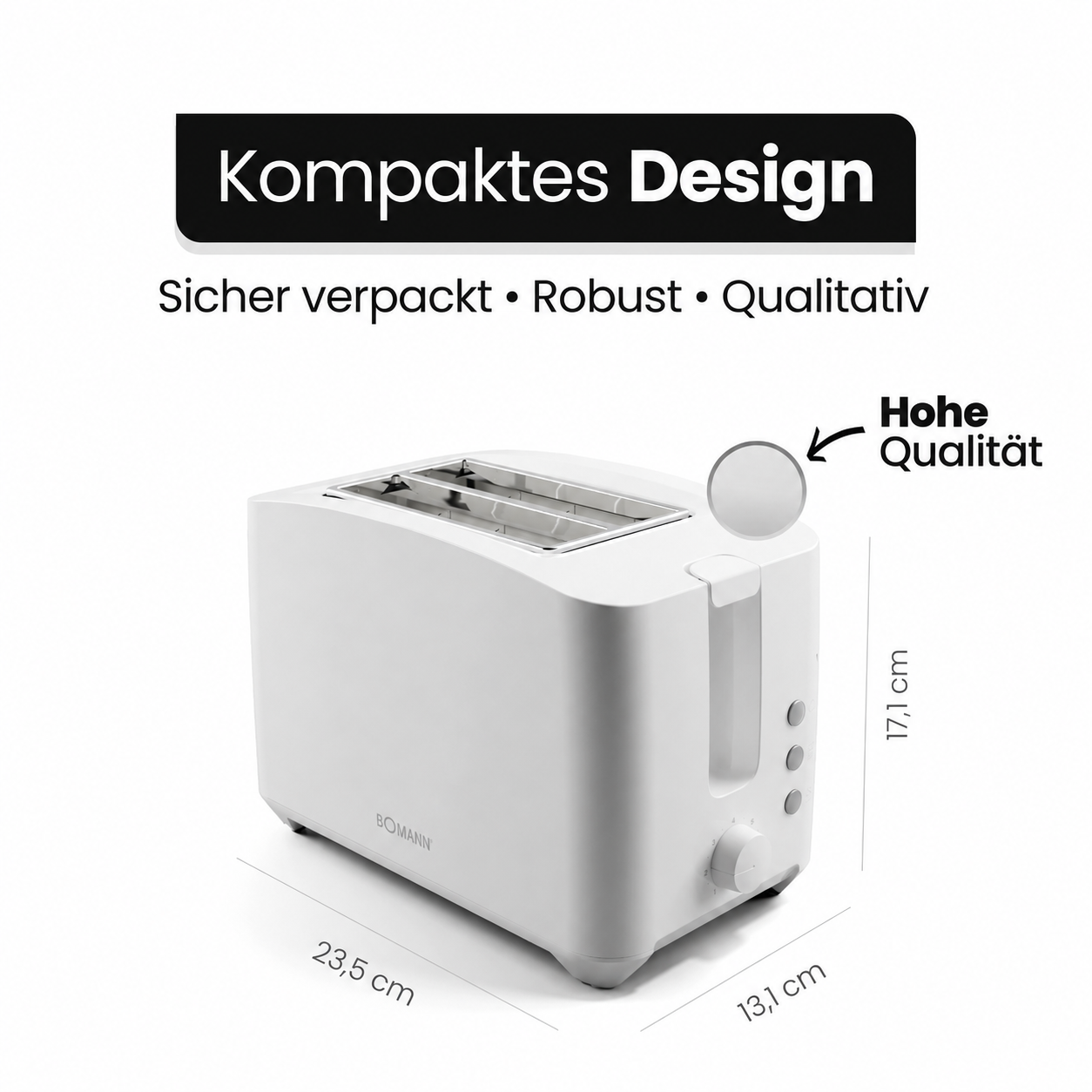 Tostapane compatto bianco con dimensioni ed etichette di qualità su sfondo bianco.