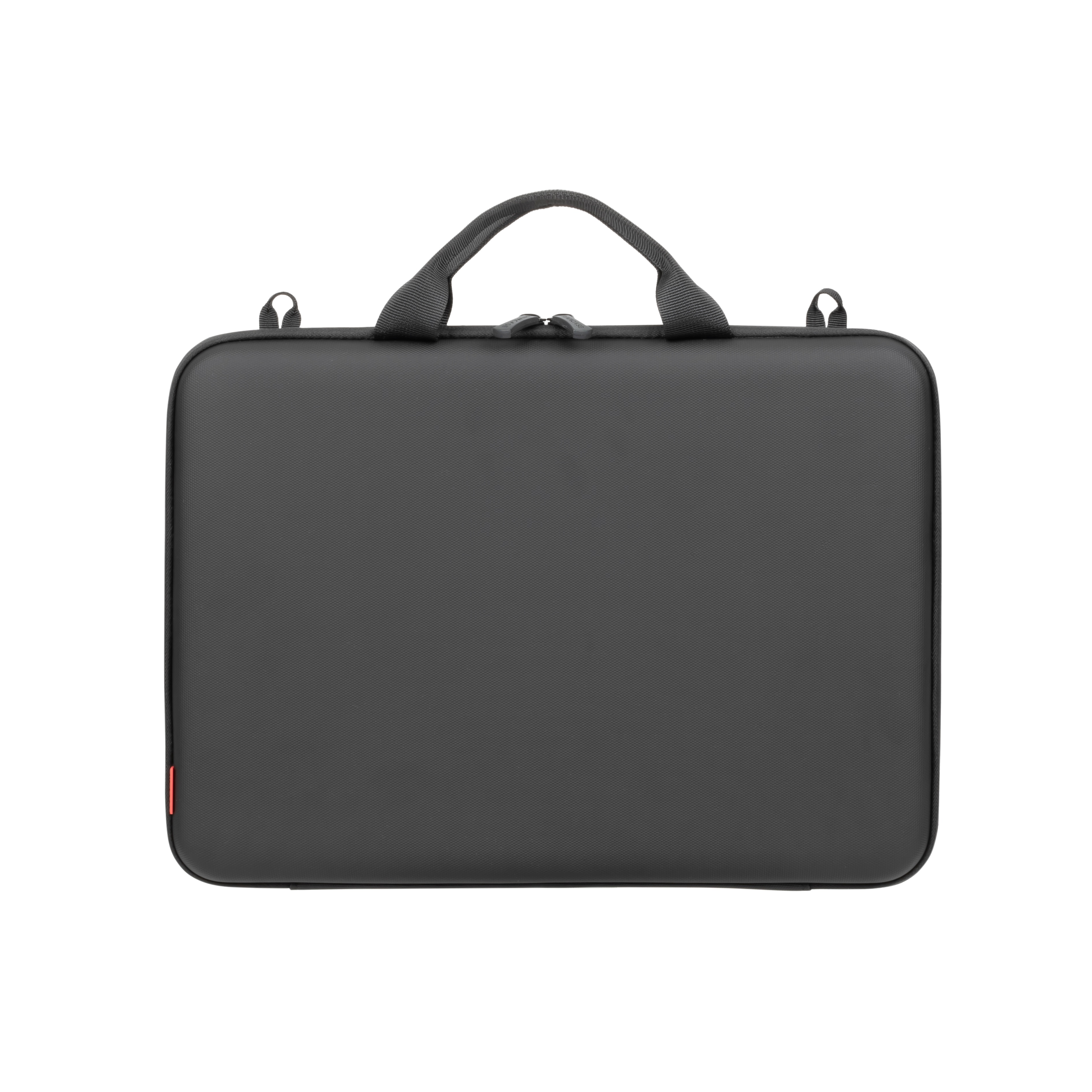 Een zwarte laptophoes met handvatten en ritssluiting tegen een witte achtergrond.