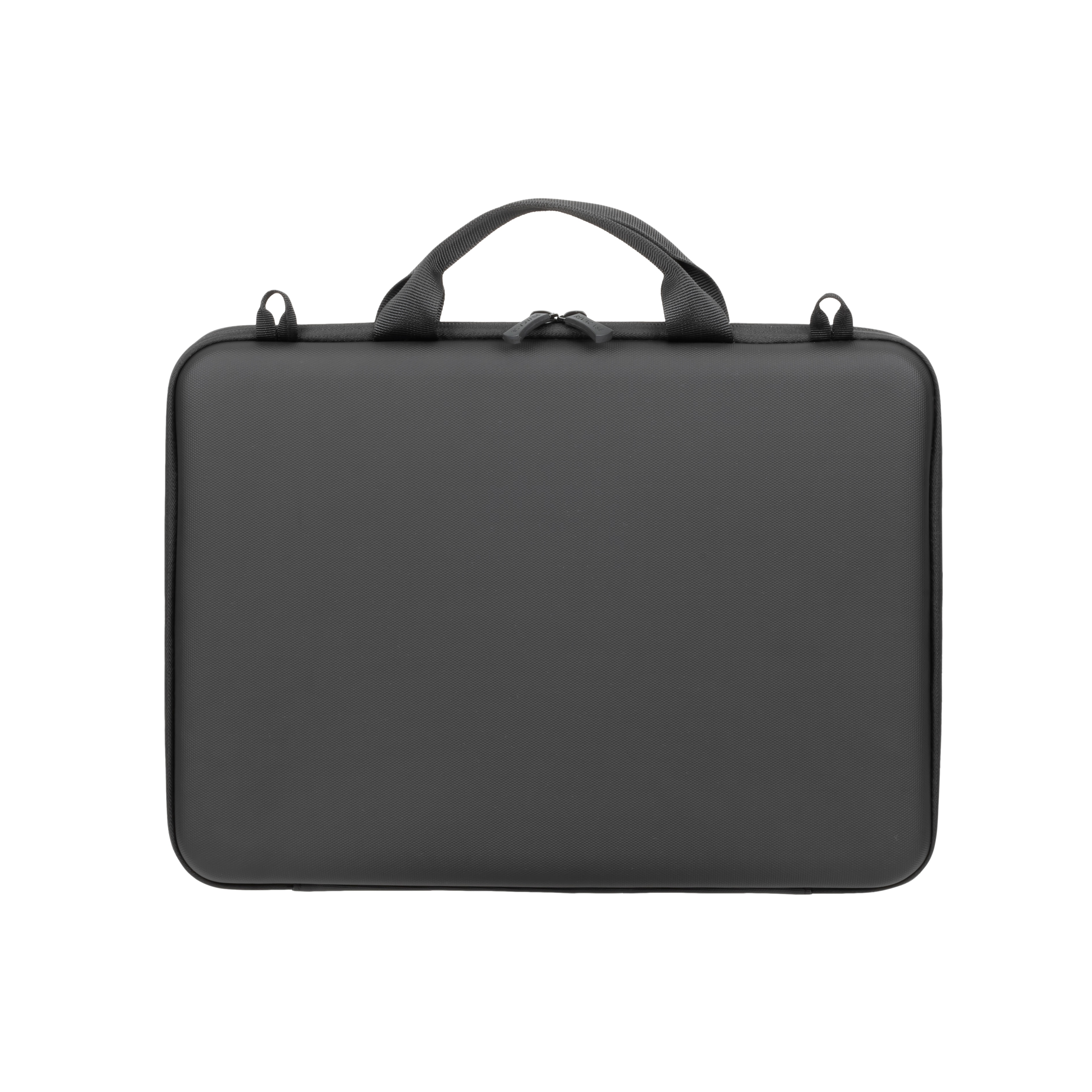 Een zwarte laptop tas met twee handvatten en ritsen op een witte achtergrond.