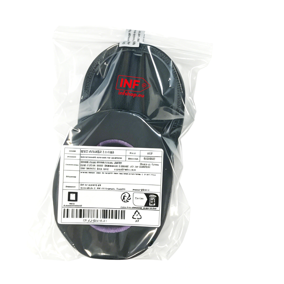 Schwarze Ohrenschützer in einer Plastiktüte mit Barcode-Aufkleber.