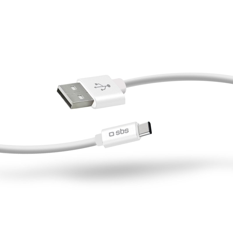 Cable de carga blanco USB-A a USB-C sobre fondo blanco.
