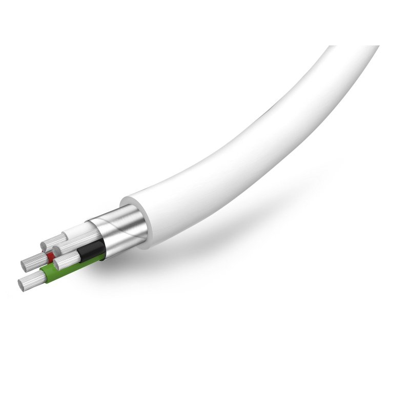 Vista de sección de un cable blanco grueso con hilos plateados internos y aislamiento verde, rojo, negro y blanco.